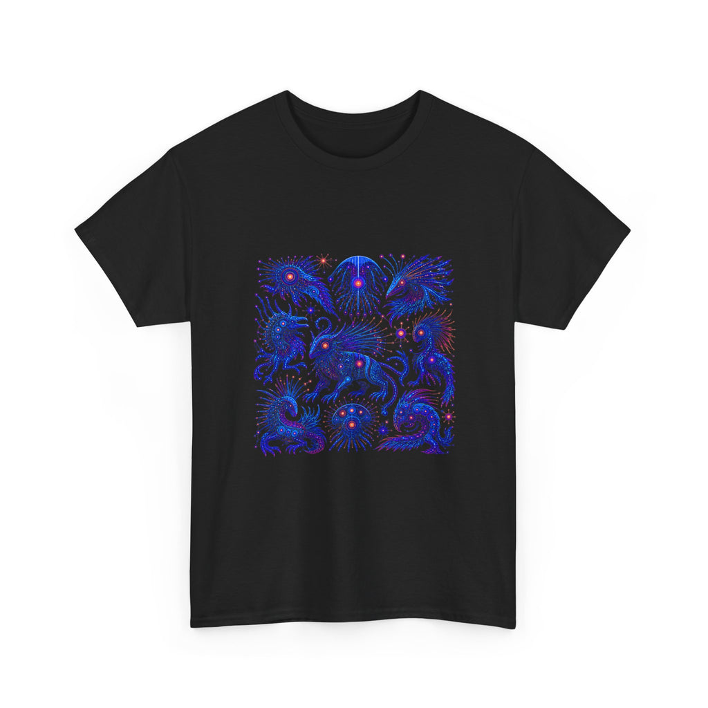 Blue Static Menagerie KOSVYRE graphic tee product mockup, alternate front view