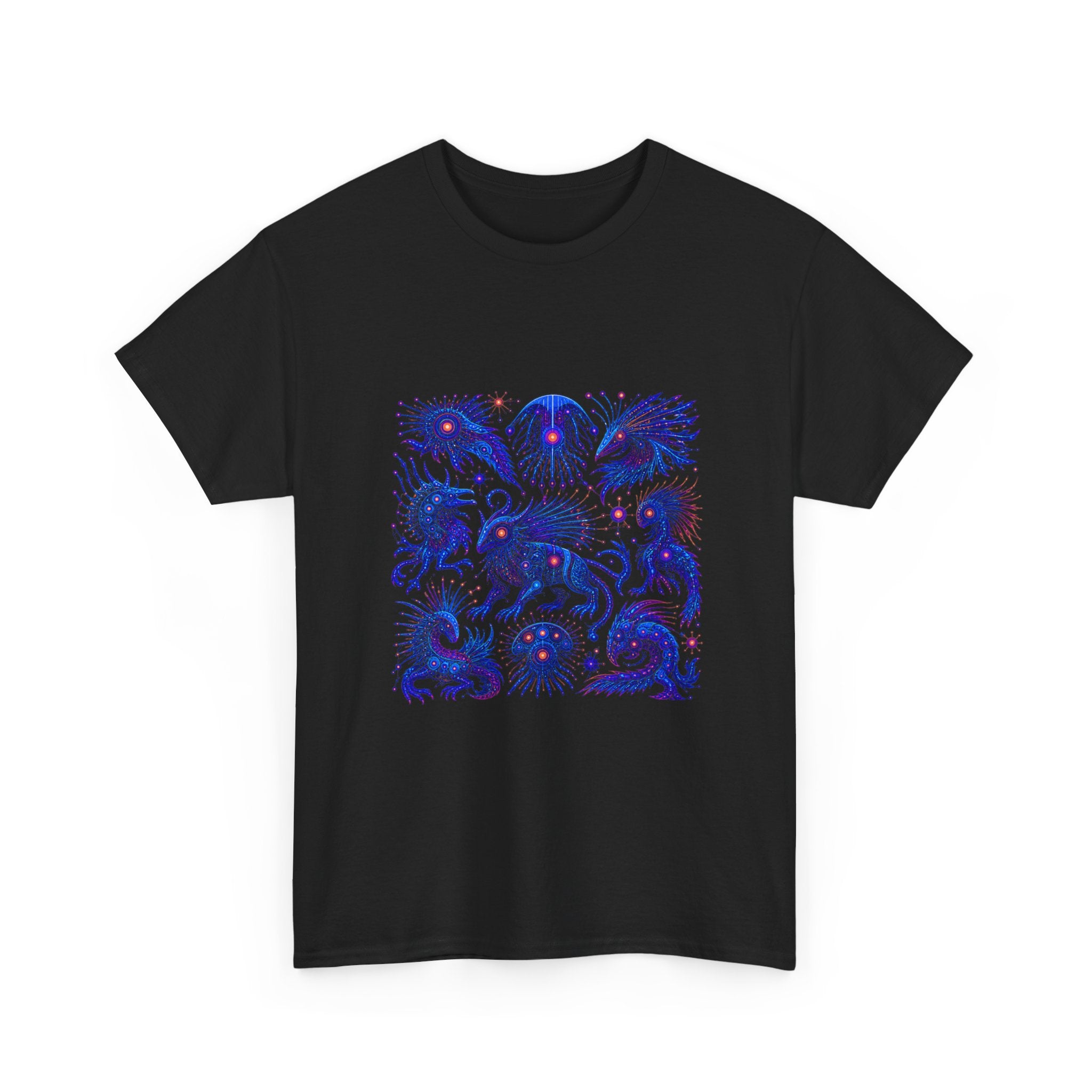 Blue Static Menagerie KOSVYRE graphic tee product mockup, alternate front view