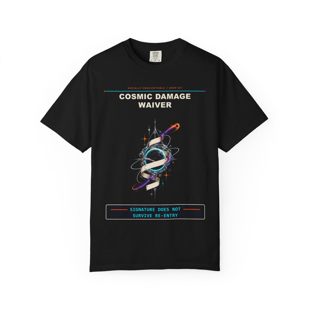 Cosmic Damage Waiver graphic tee by KOSVYRE in Black, front artwork view