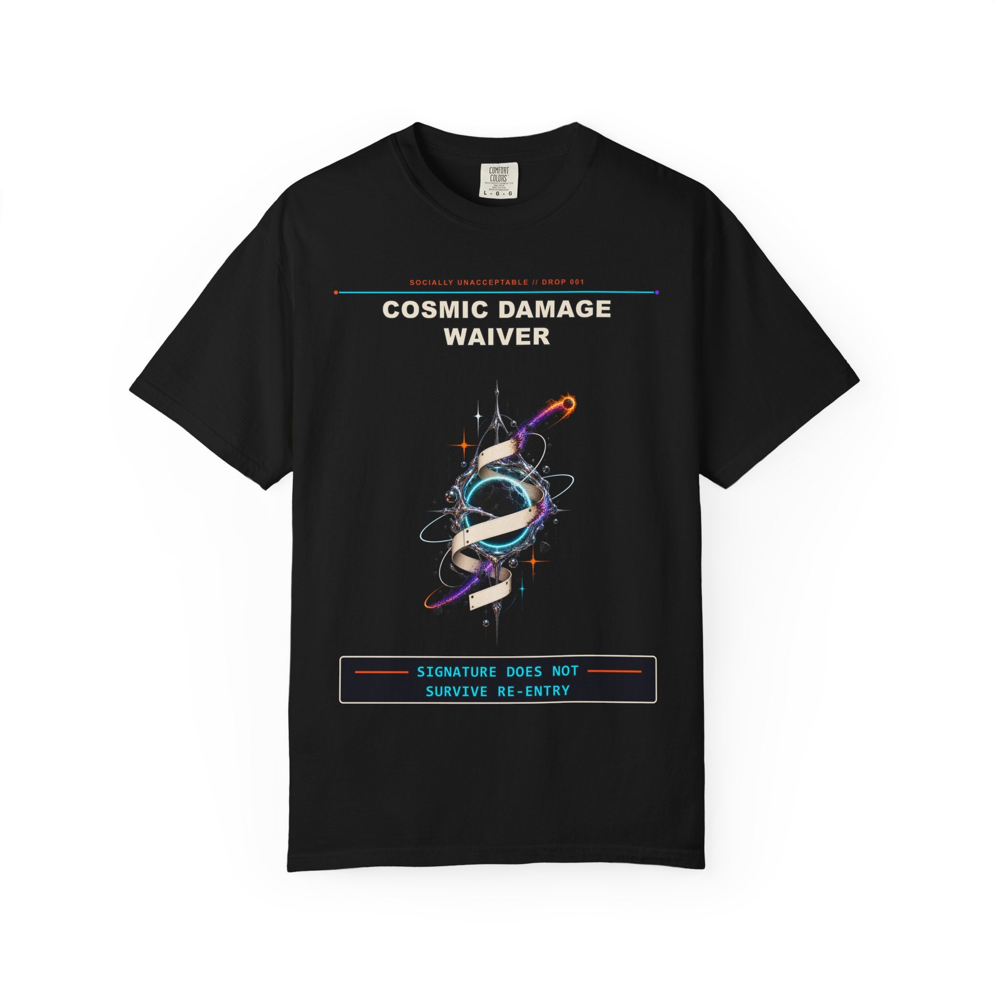 Cosmic Damage Waiver graphic tee by KOSVYRE in Black, front artwork view