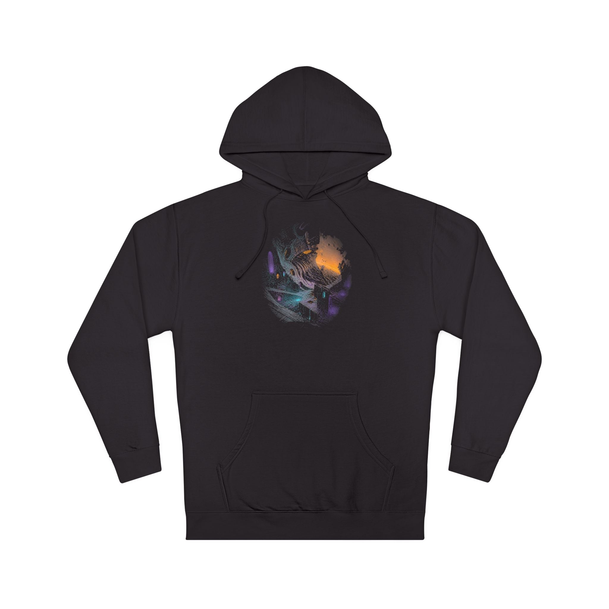 Neon Ruin Cartograph KOSVYRE hoodie product mockup, front view