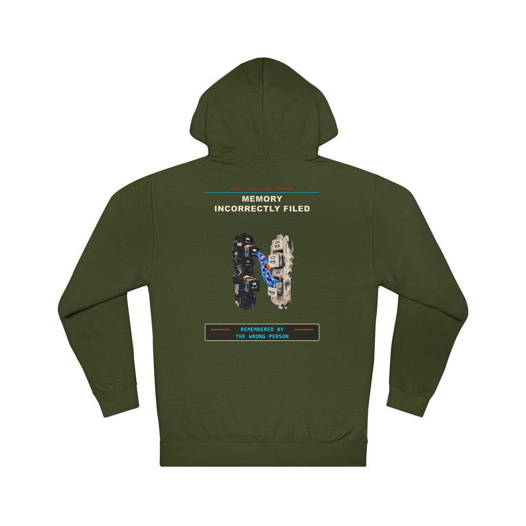 Memory Incorrectly Filed graphic hoodie by KOSVYRE in Army, back artwork view