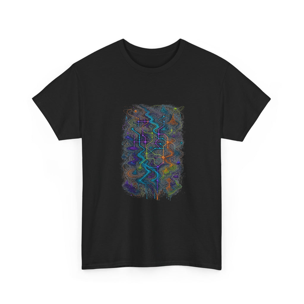 Dissolving Transit Map KOSVYRE graphic tee product mockup, alternate front view