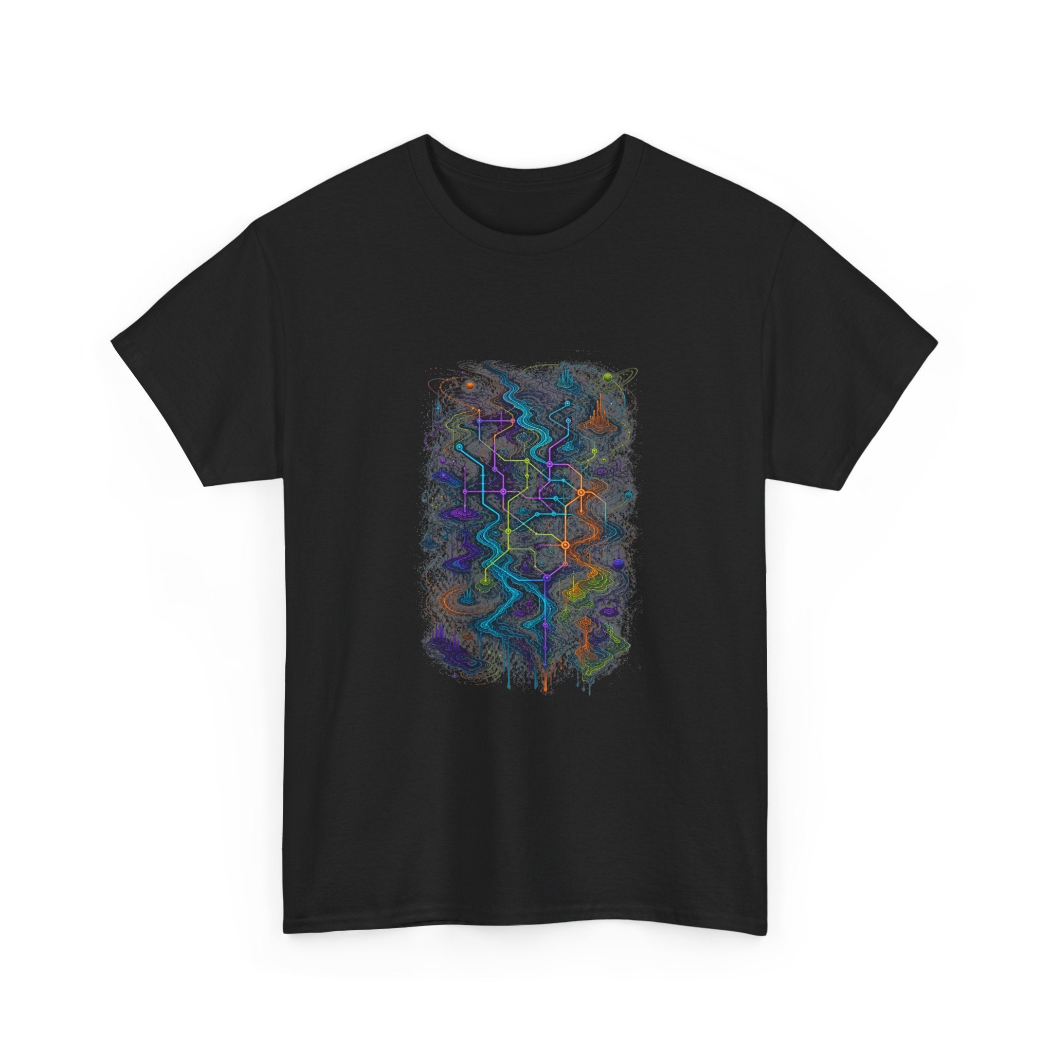 Dissolving Transit Map KOSVYRE graphic tee product mockup, alternate front view