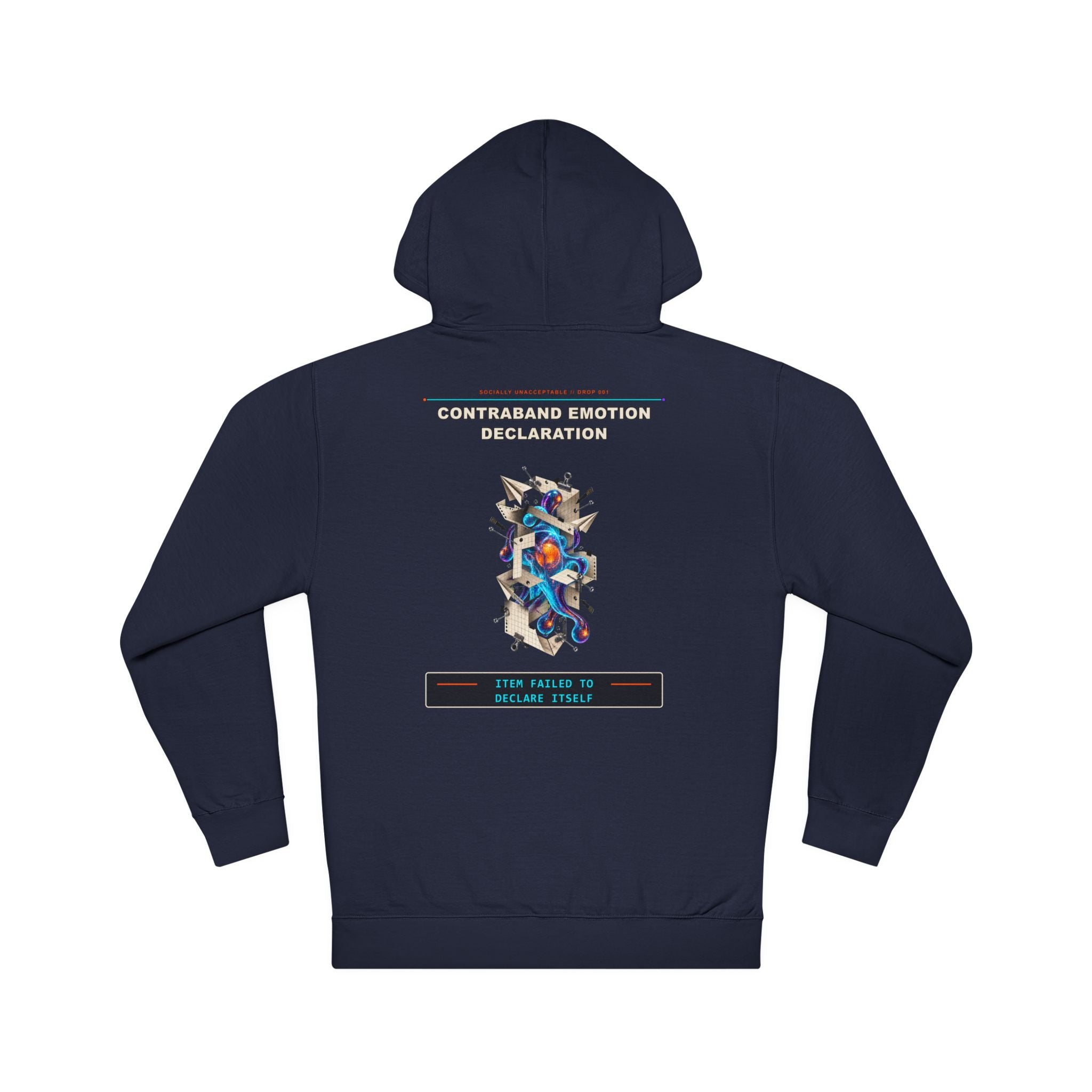 Contraband Emotion Declaration graphic hoodie by KOSVYRE in Classic Navy, back artwork view