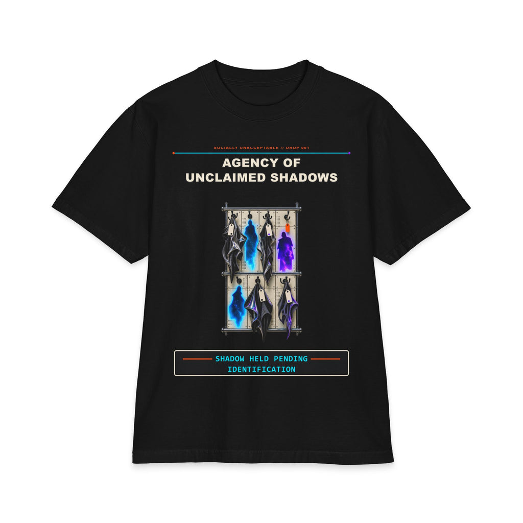 Agency of Unclaimed Shadows graphic tee by KOSVYRE in Black, front artwork view