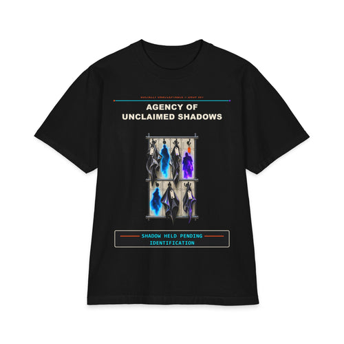 Agency of Unclaimed Shadows graphic tee by KOSVYRE in Black, front artwork view