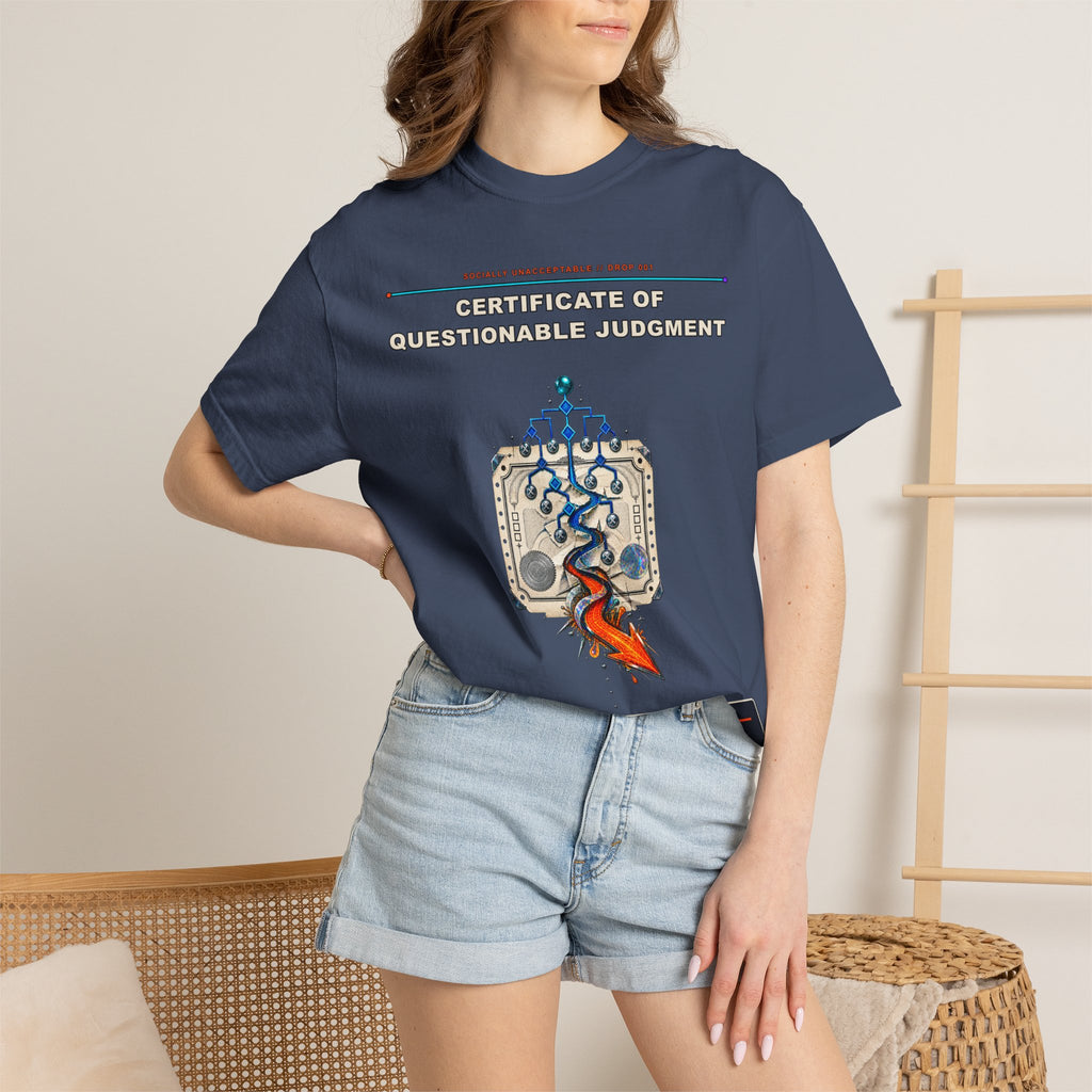 Certificate of Questionable Judgment graphic tee by KOSVYRE in Midnight, other product view 2