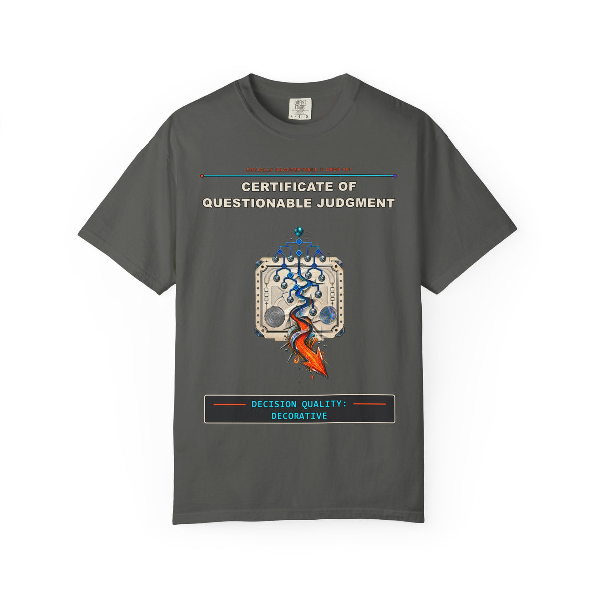 Certificate of Questionable Judgment graphic tee by KOSVYRE in Pepper, front artwork view