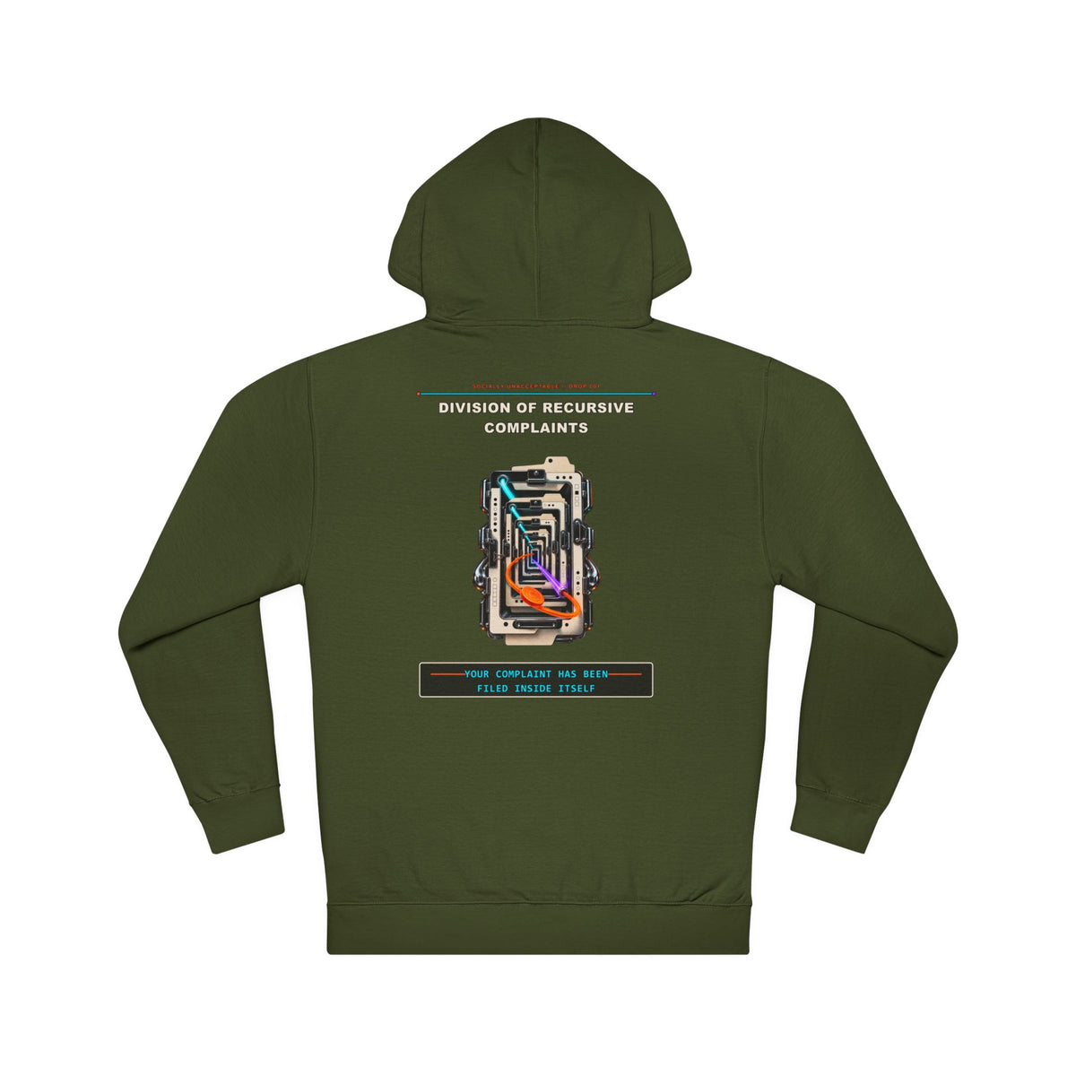 Division of Recursive Complaints graphic hoodie by KOSVYRE in Army, back artwork view