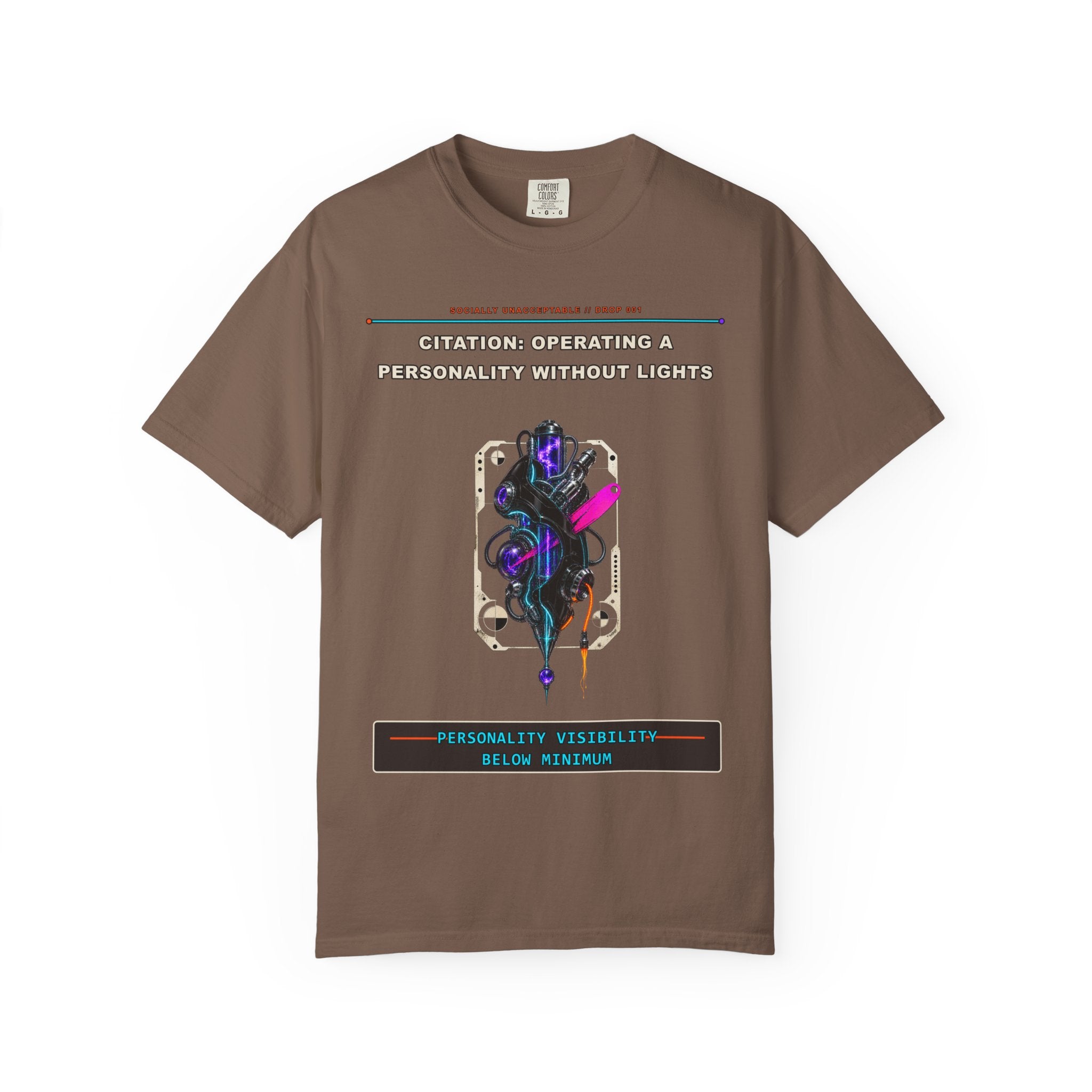 Citation: Operating a Personality Without Lights graphic tee by KOSVYRE in Espresso, front artwork view