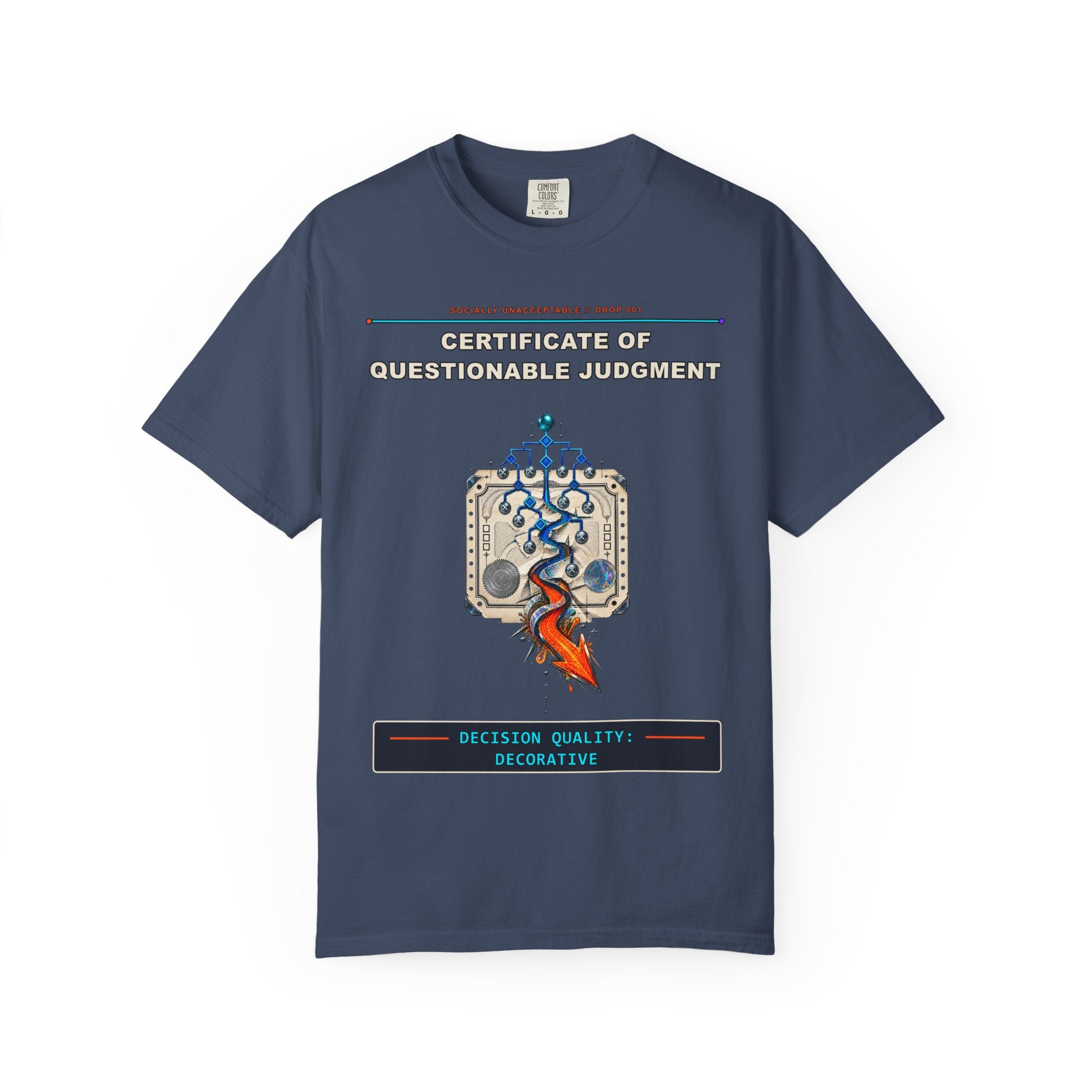 Certificate of Questionable Judgment graphic tee by KOSVYRE in Midnight, front artwork view