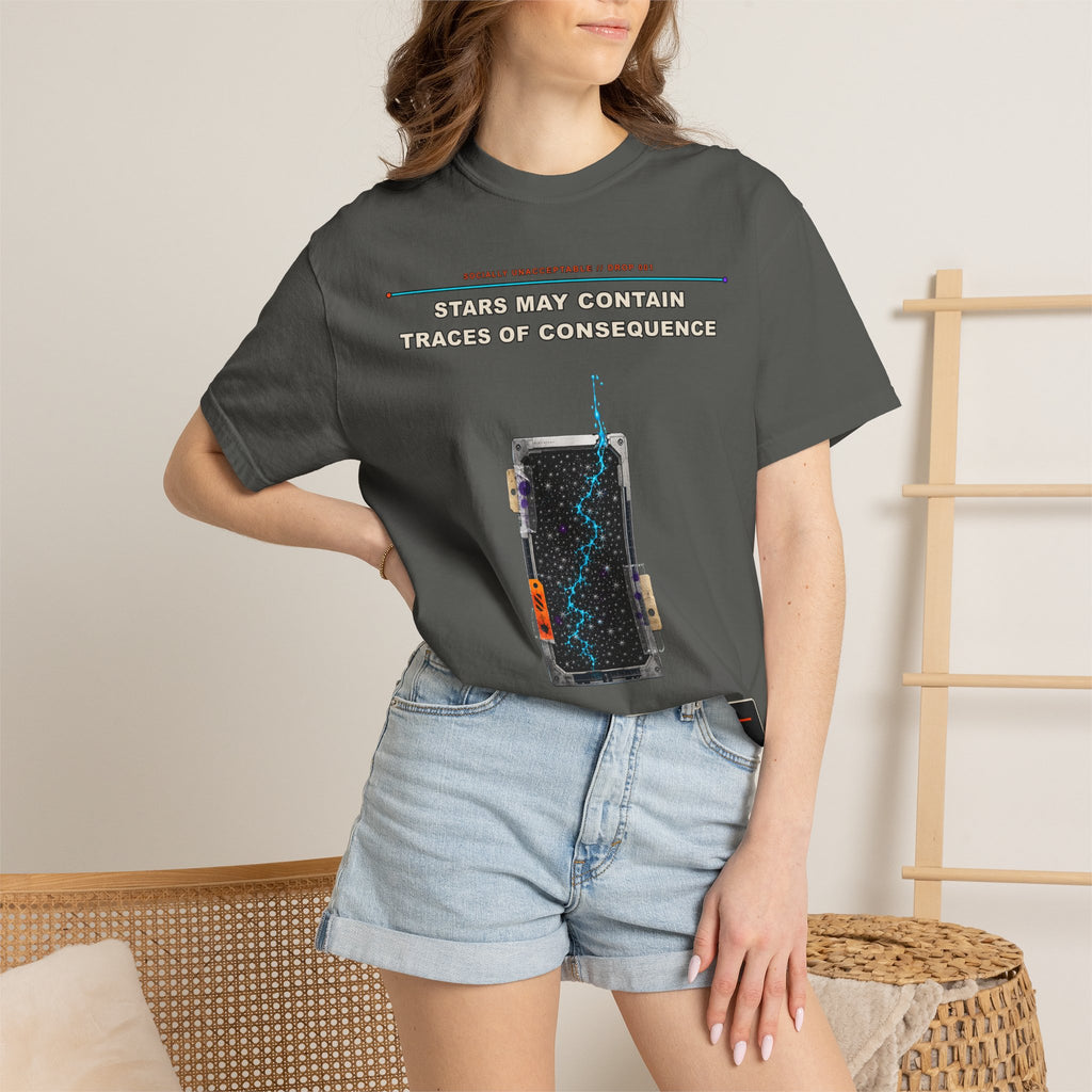 Stars May Contain Traces of Consequence graphic tee by KOSVYRE in Pepper, other product view 2