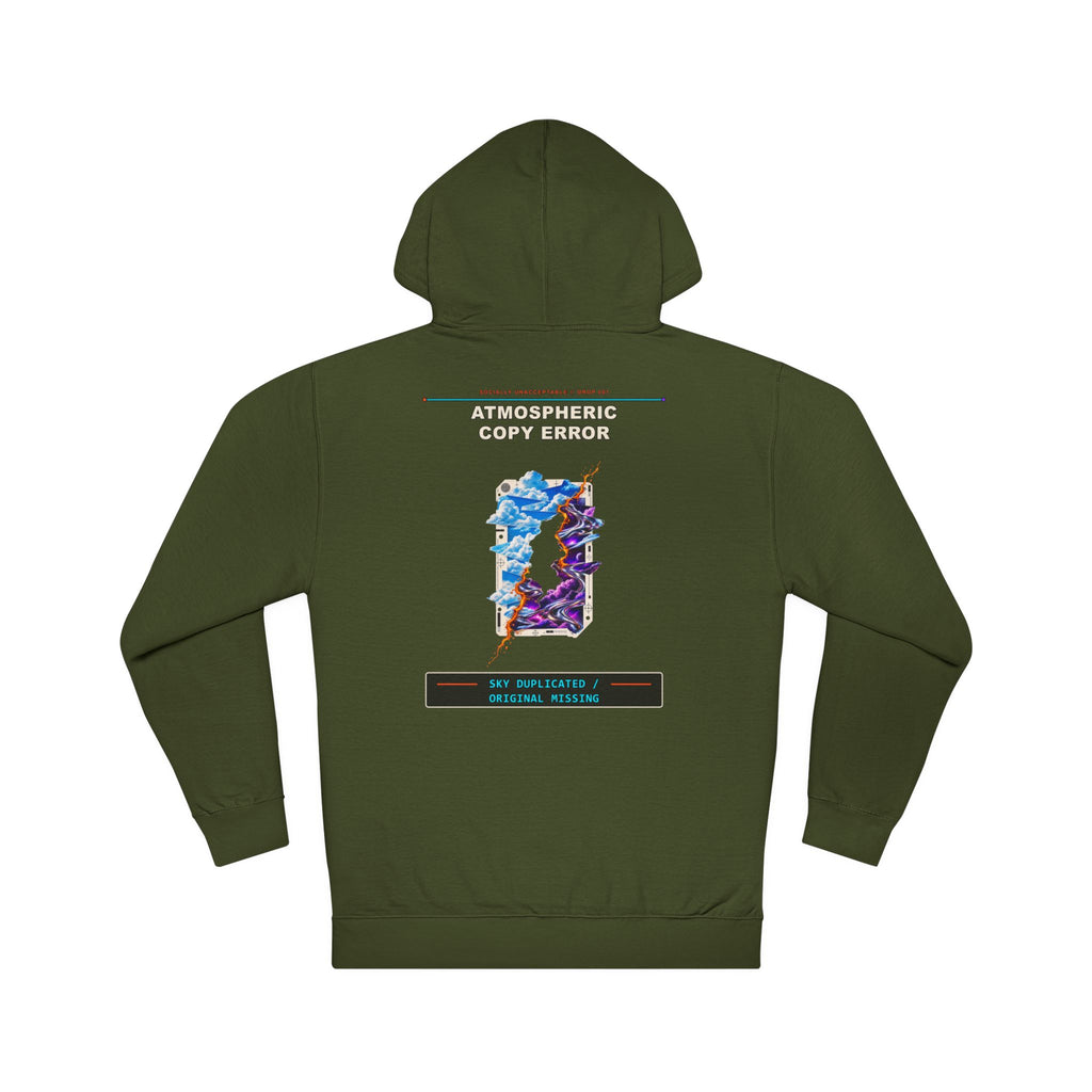 Atmospheric Copy Error graphic hoodie by KOSVYRE in Army, back artwork view