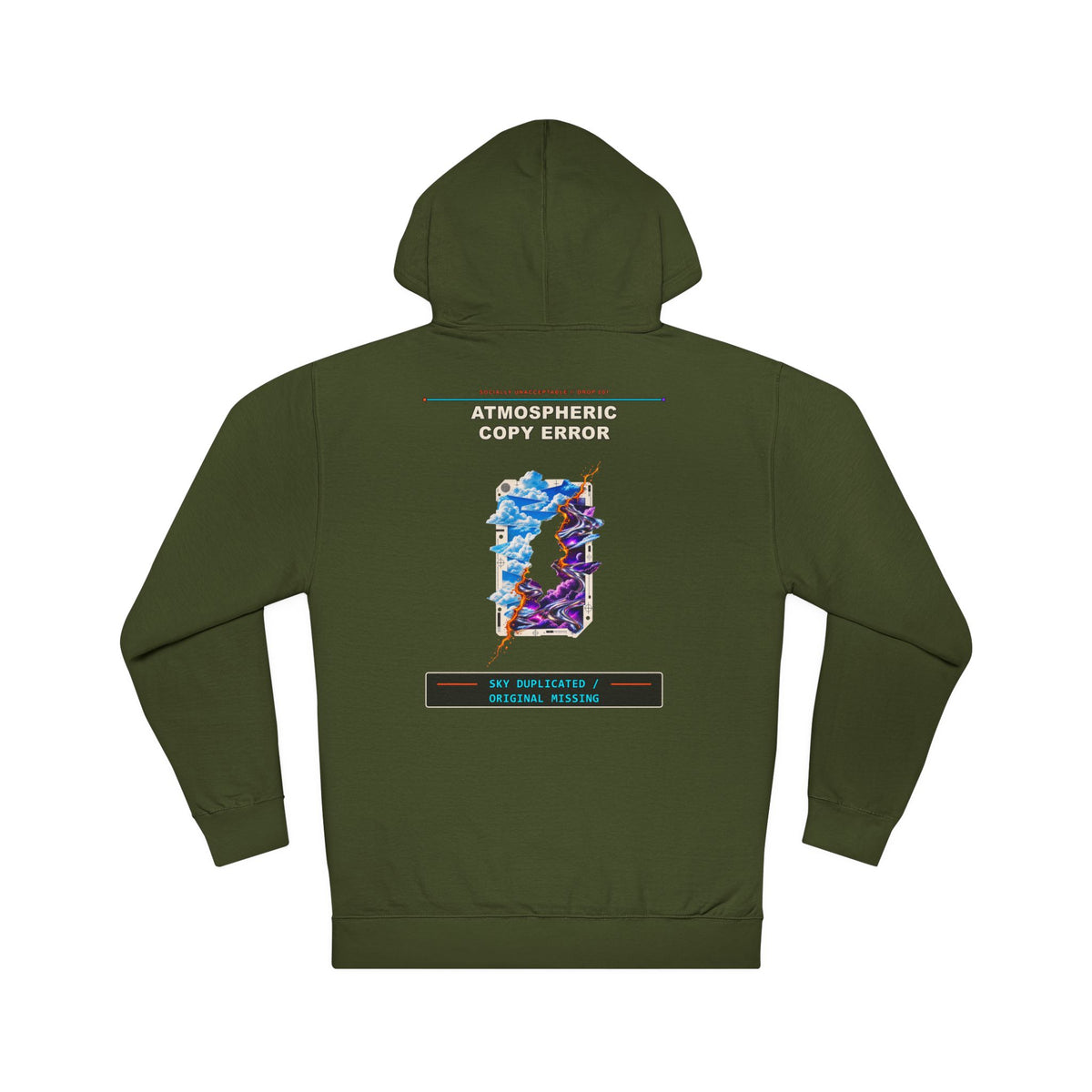 Atmospheric Copy Error graphic hoodie by KOSVYRE in Army, back artwork view