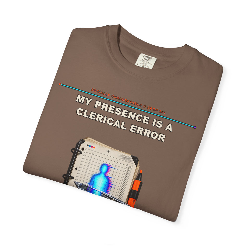 My Presence Is a Clerical Error graphic tee by KOSVYRE in Espresso, other product view 1