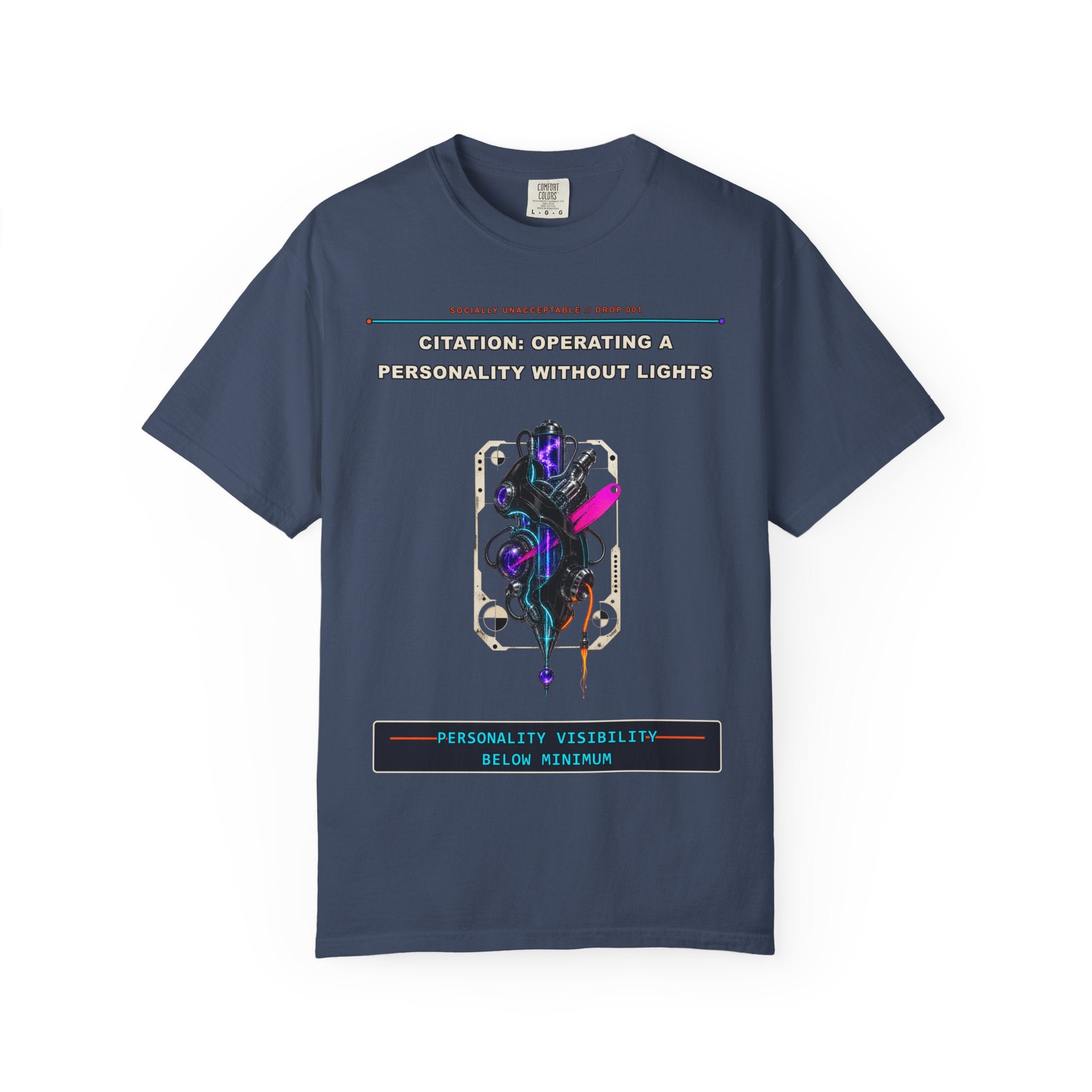 Citation: Operating a Personality Without Lights graphic tee by KOSVYRE in Midnight, front artwork view