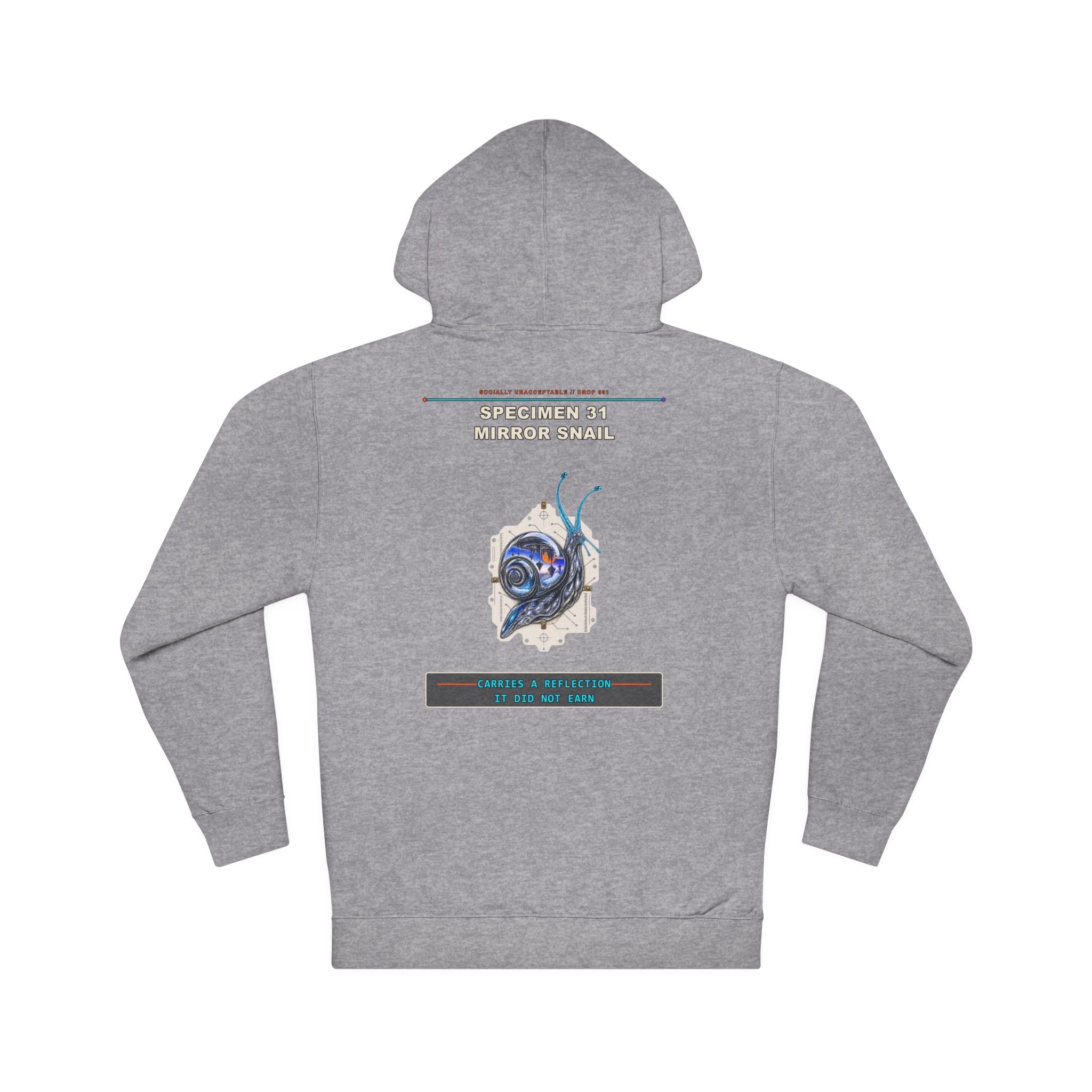 Specimen 31: Mirror Snail graphic hoodie by KOSVYRE in Gunmetal Heather, back artwork view