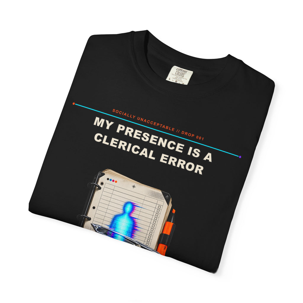 My Presence Is a Clerical Error graphic tee by KOSVYRE in Black, other product view 1