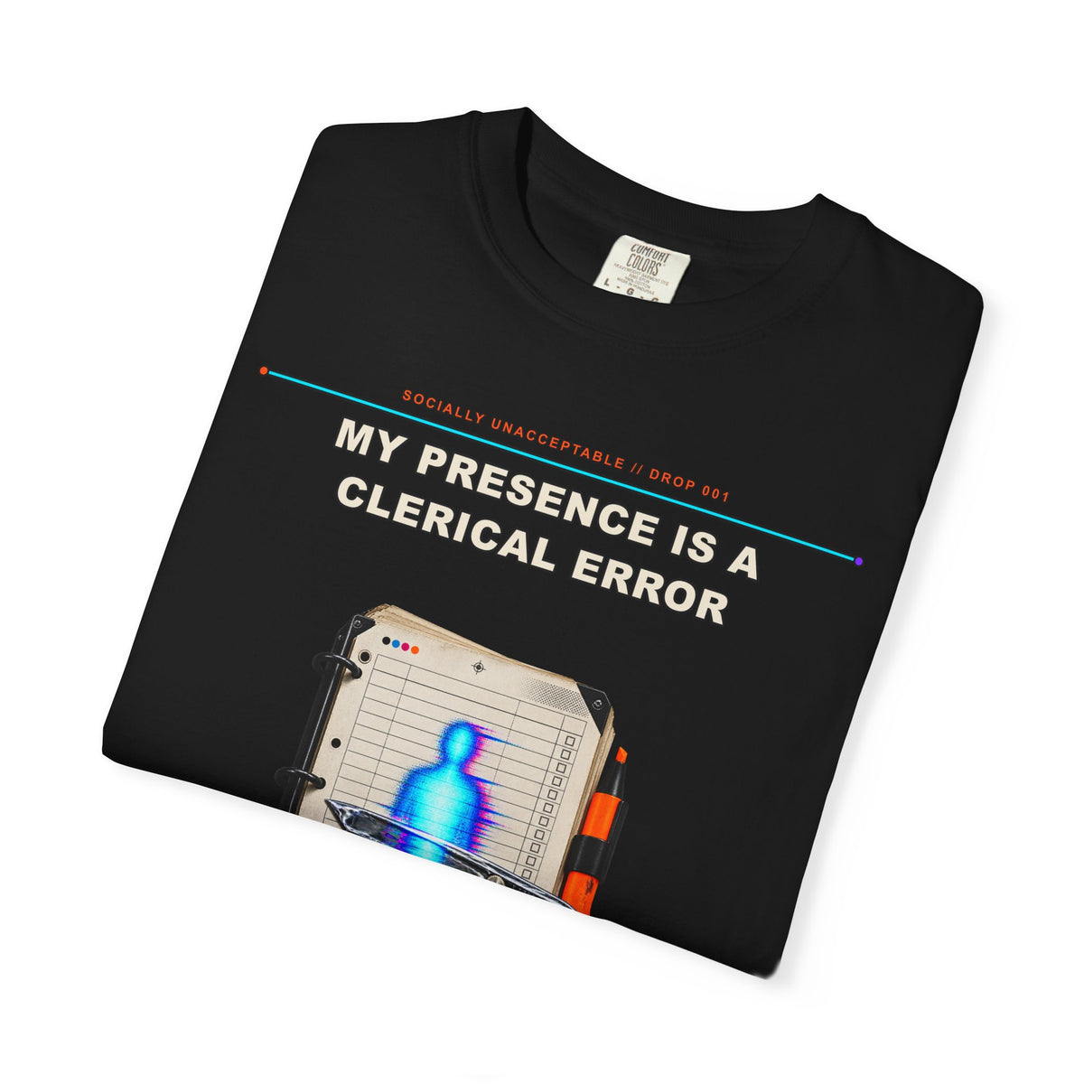 My Presence Is a Clerical Error graphic tee by KOSVYRE in Black, other product view 1