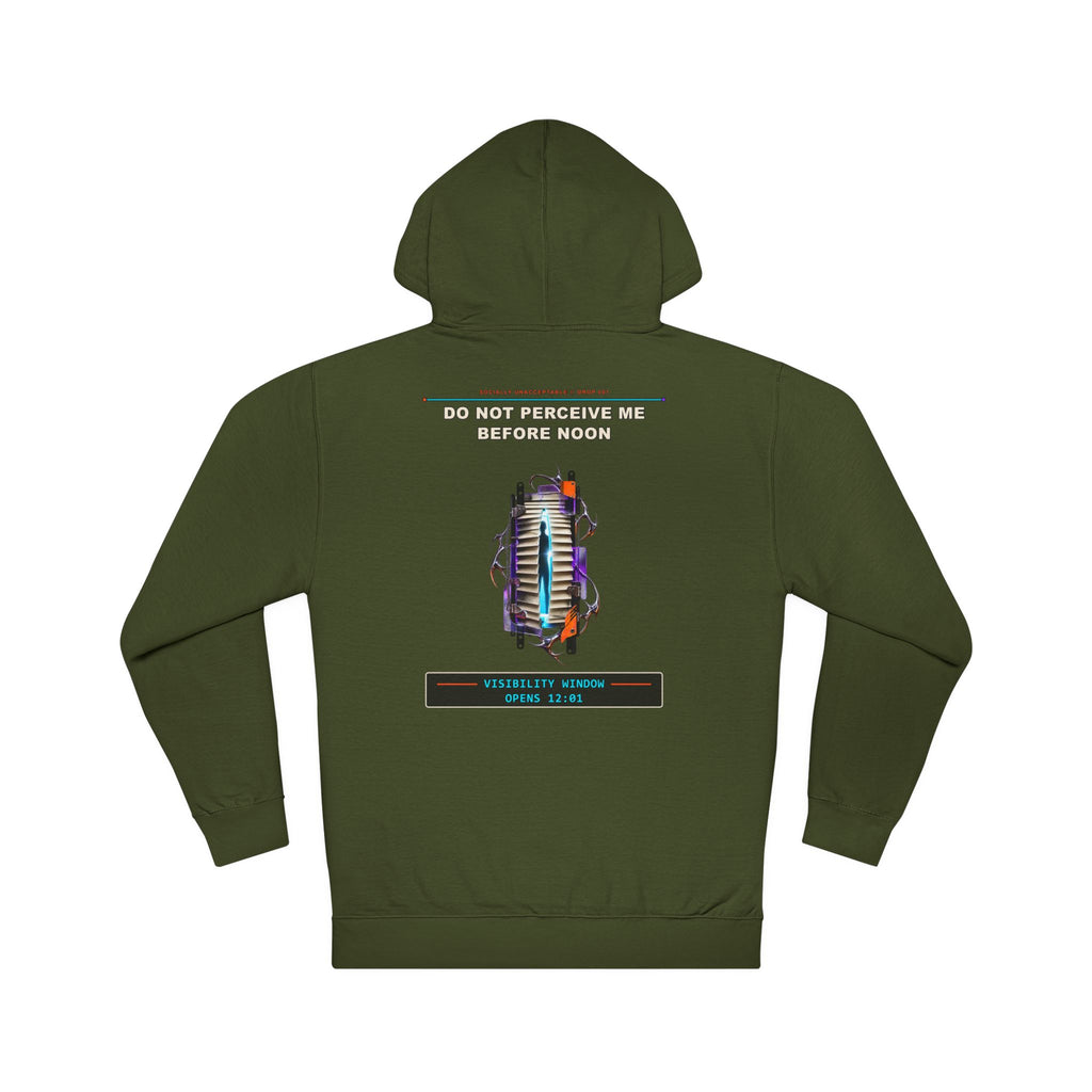 Do Not Perceive Me Before Noon graphic hoodie by KOSVYRE in Army, back artwork view