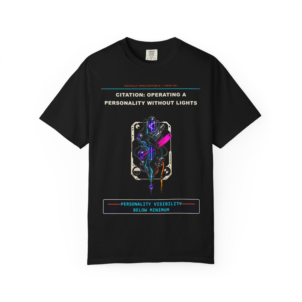 Citation: Operating a Personality Without Lights graphic tee by KOSVYRE in Black, front artwork view