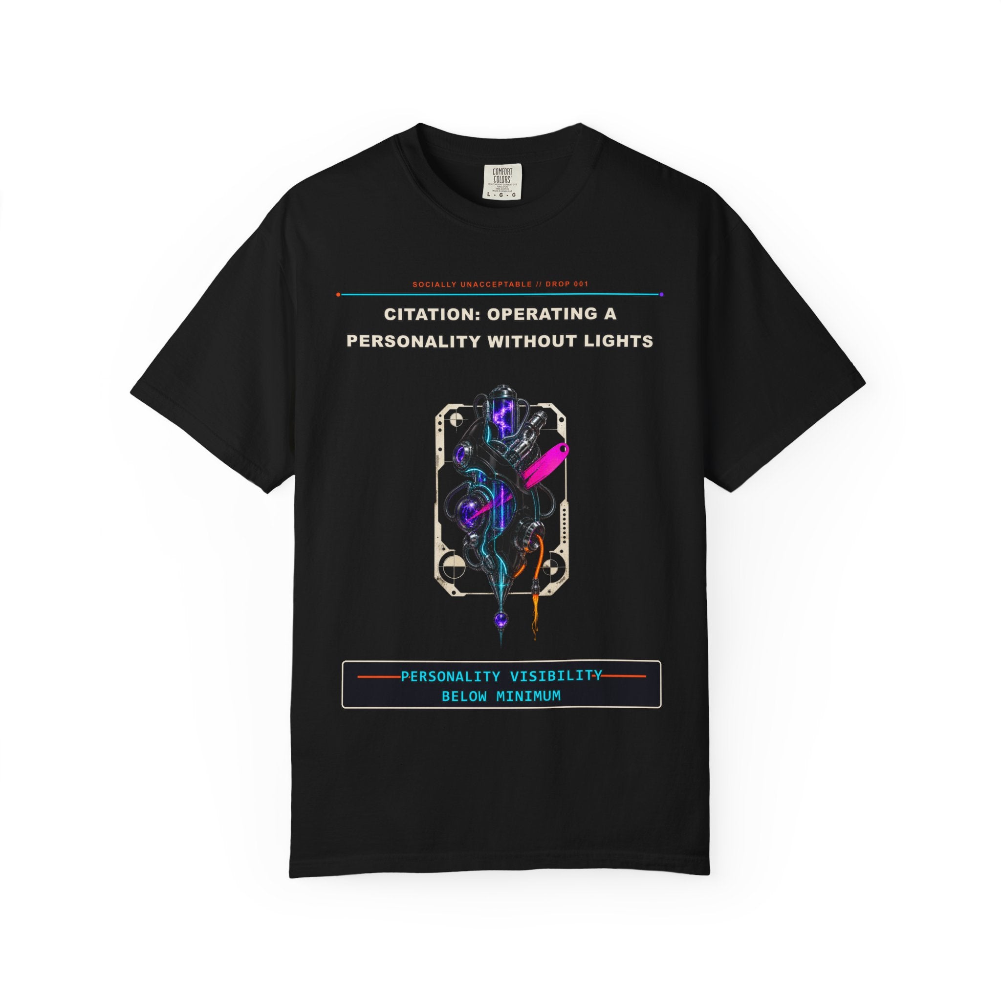 Citation: Operating a Personality Without Lights graphic tee by KOSVYRE in Black, front artwork view