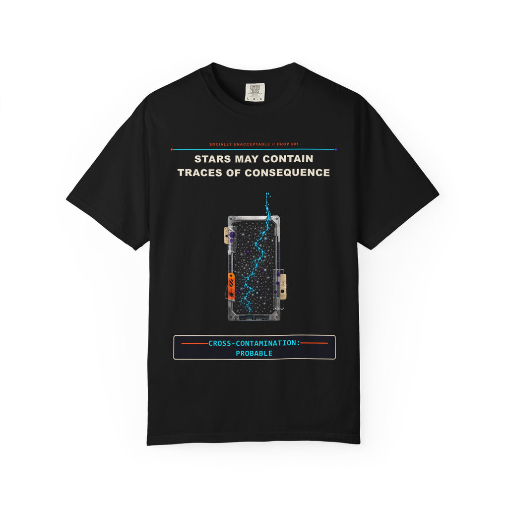 Stars May Contain Traces of Consequence graphic tee by KOSVYRE in Black, front artwork view