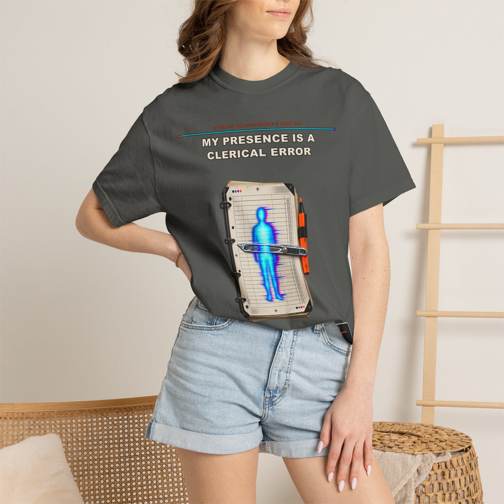 My Presence Is a Clerical Error graphic tee by KOSVYRE in Pepper, other product view 2