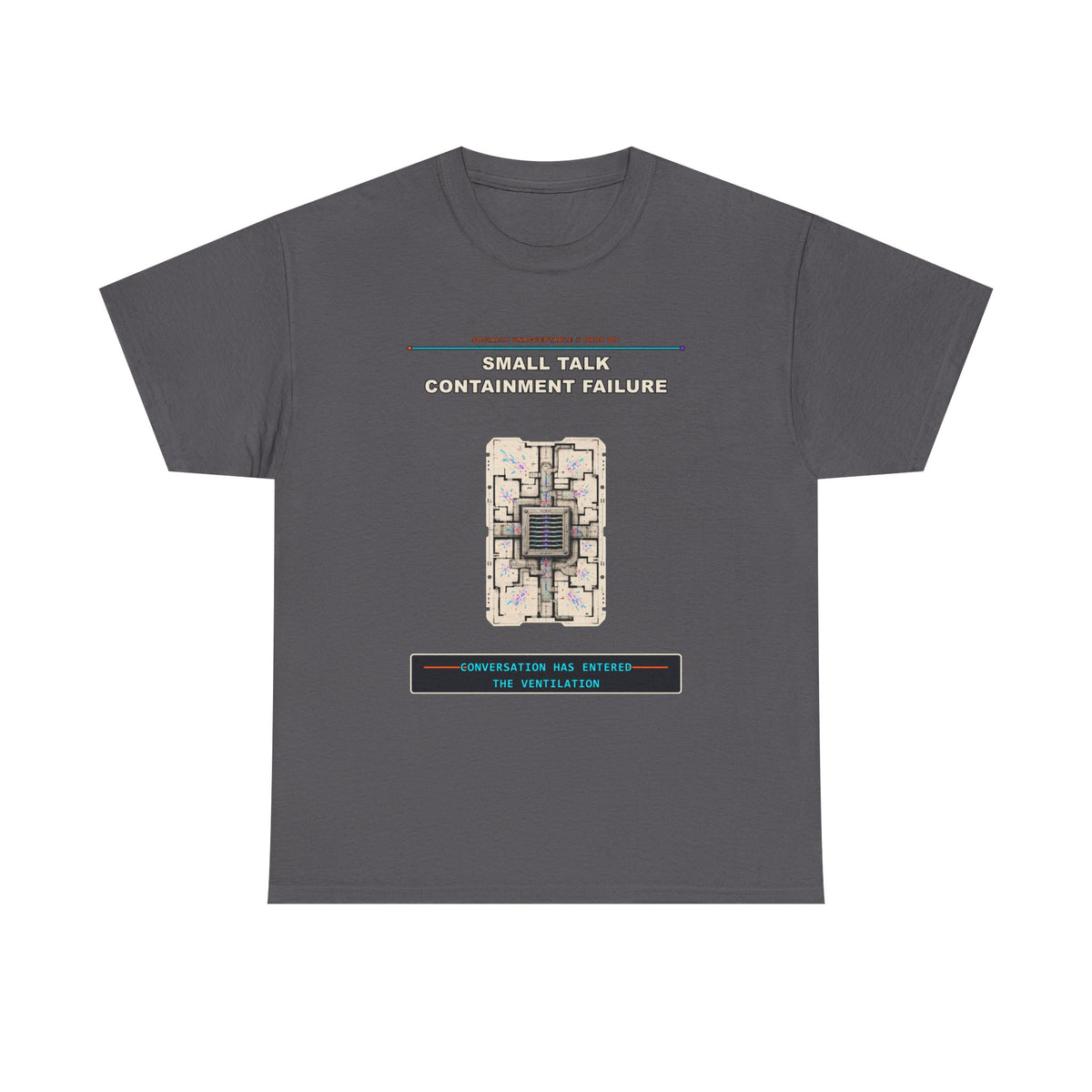 Small Talk Containment Failure graphic tee by KOSVYRE in Charcoal, front artwork view