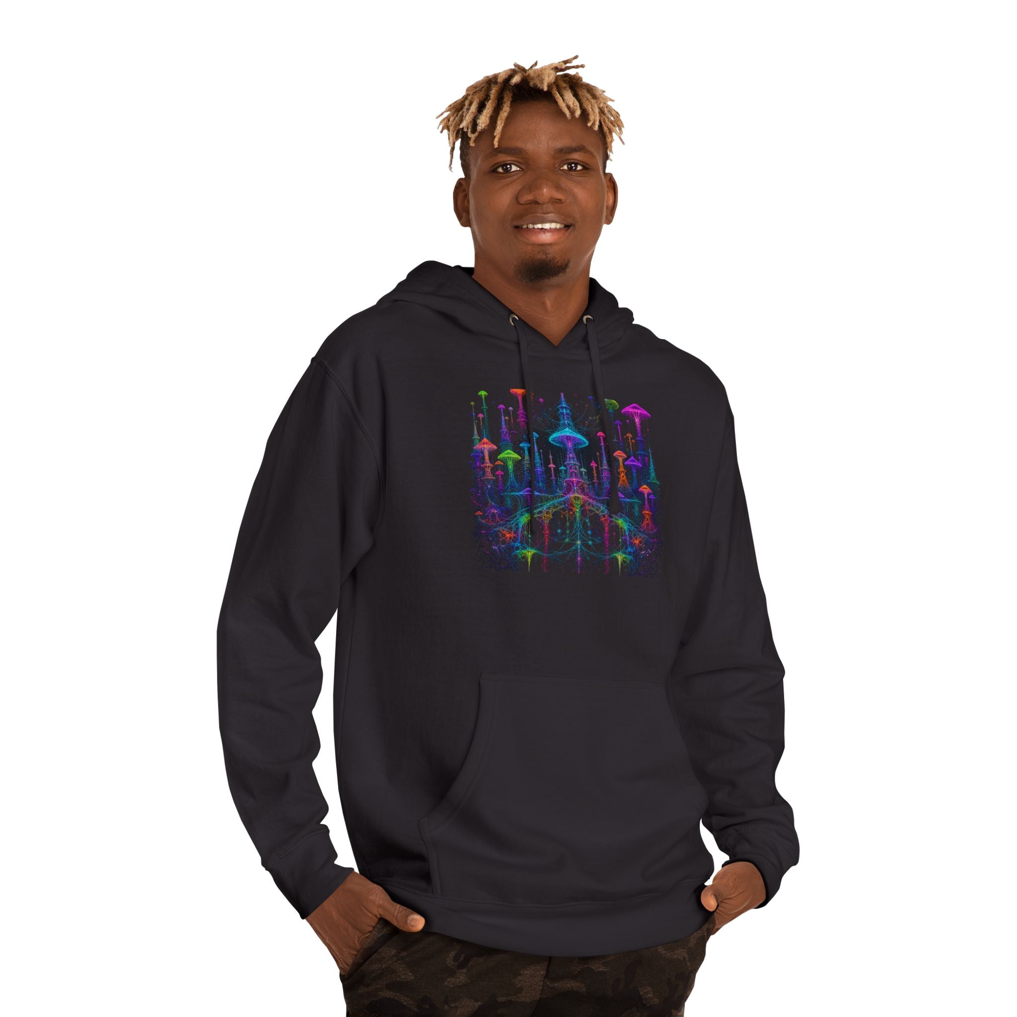 Neon Mycelial Parliament KOSVYRE hoodie product mockup, lifestyle view