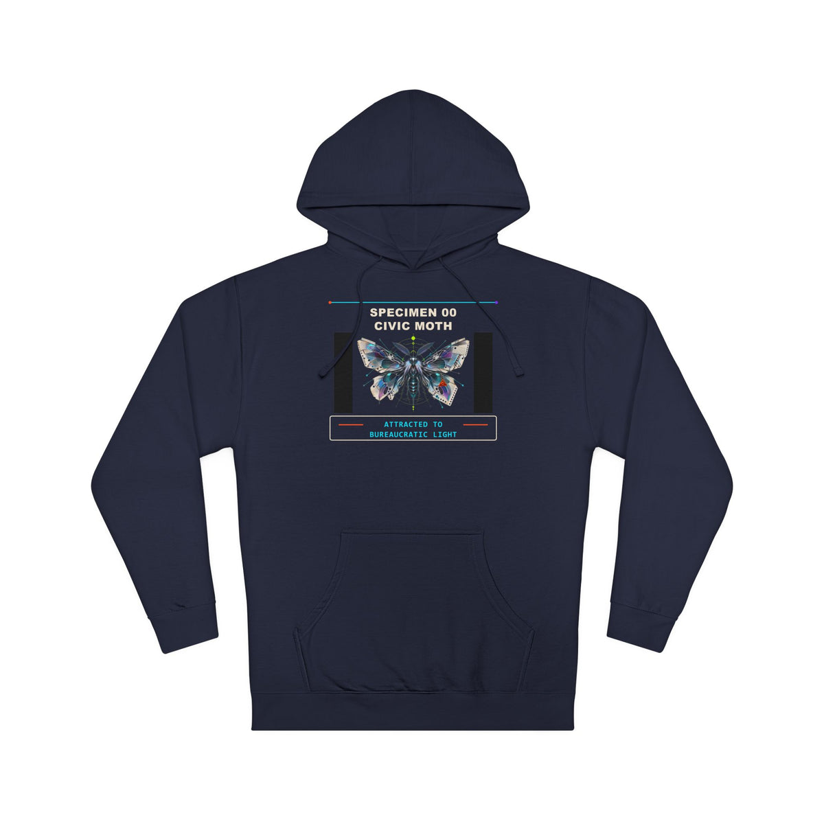 Specimen 00: Civic Moth graphic hoodie by KOSVYRE in Classic Navy, front view