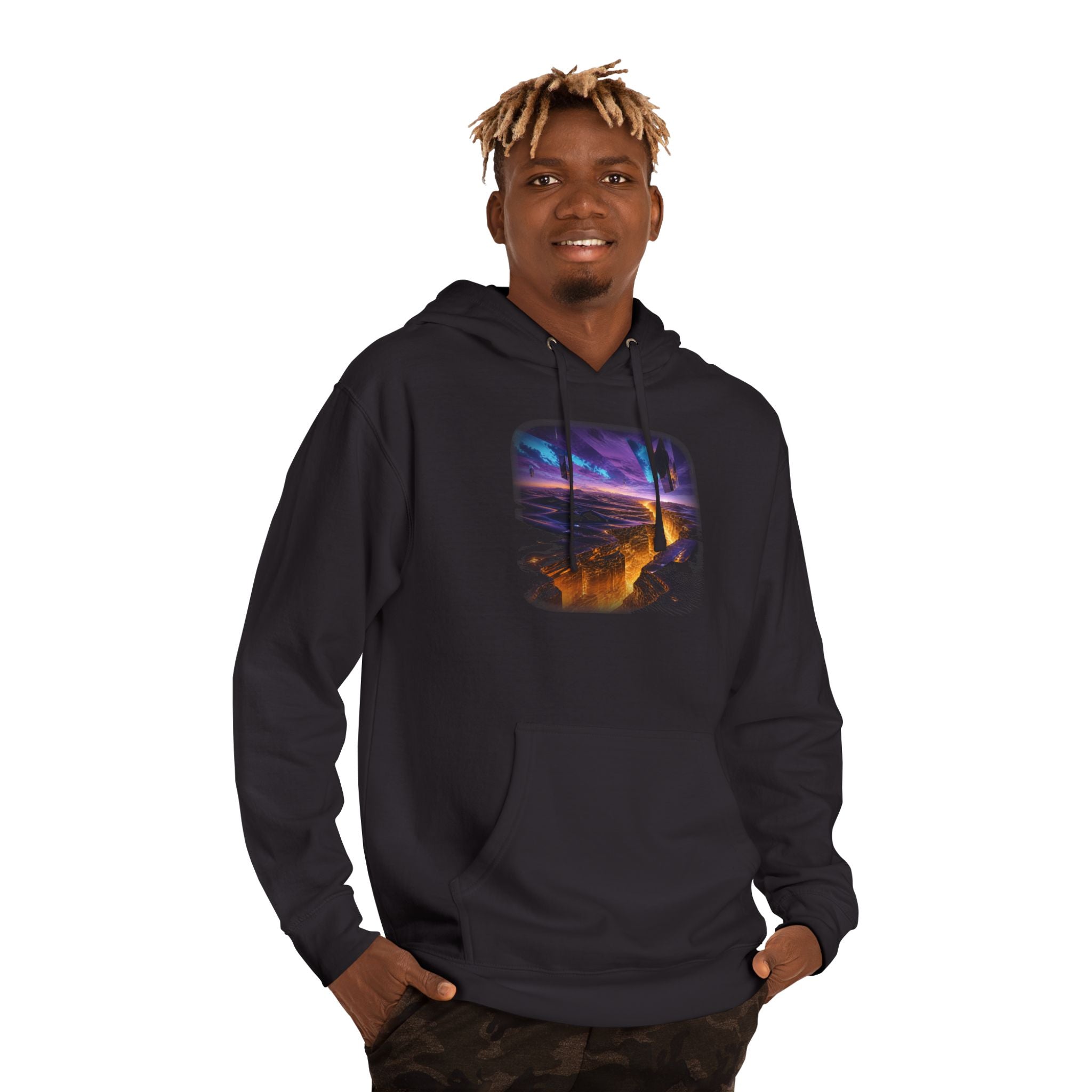 Amber Horizon Fault KOSVYRE hoodie product mockup, lifestyle view