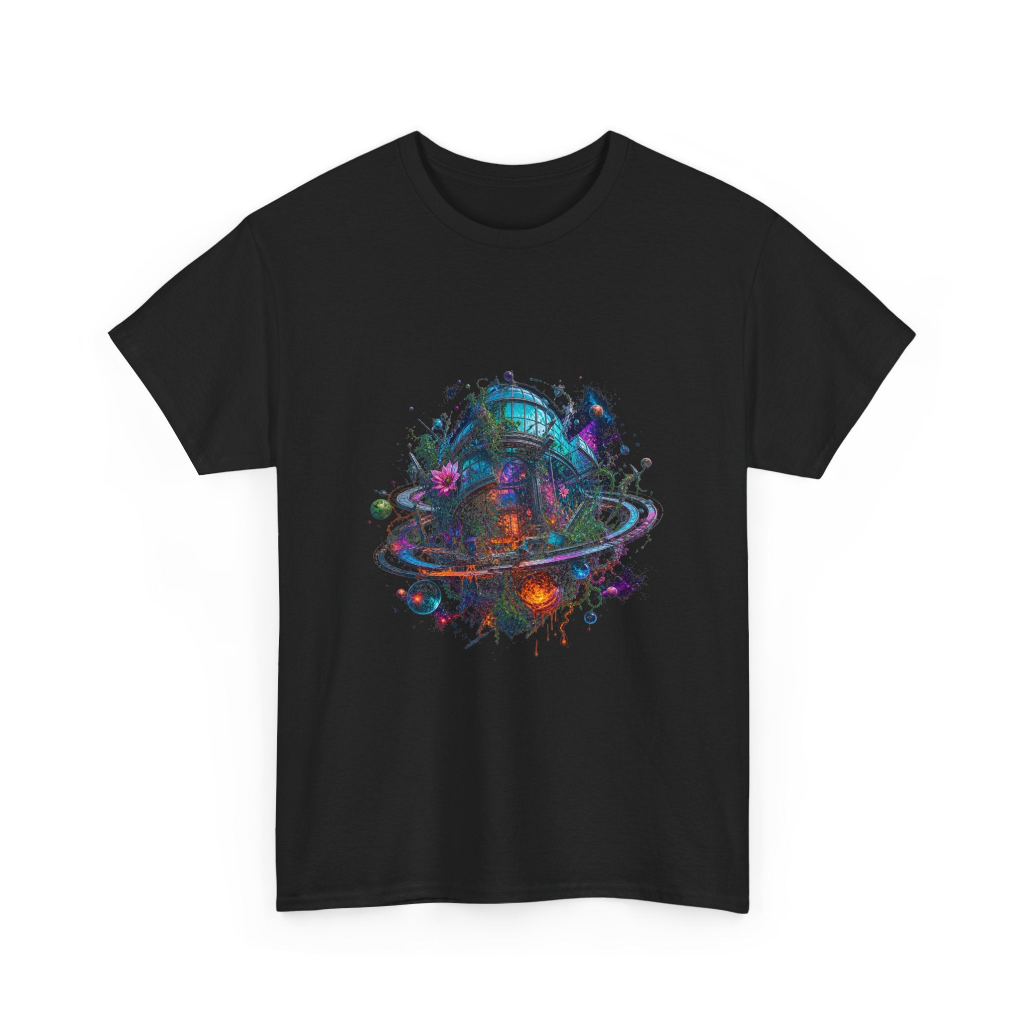 Orbital Hothouse Collapse KOSVYRE graphic tee product mockup, alternate front view