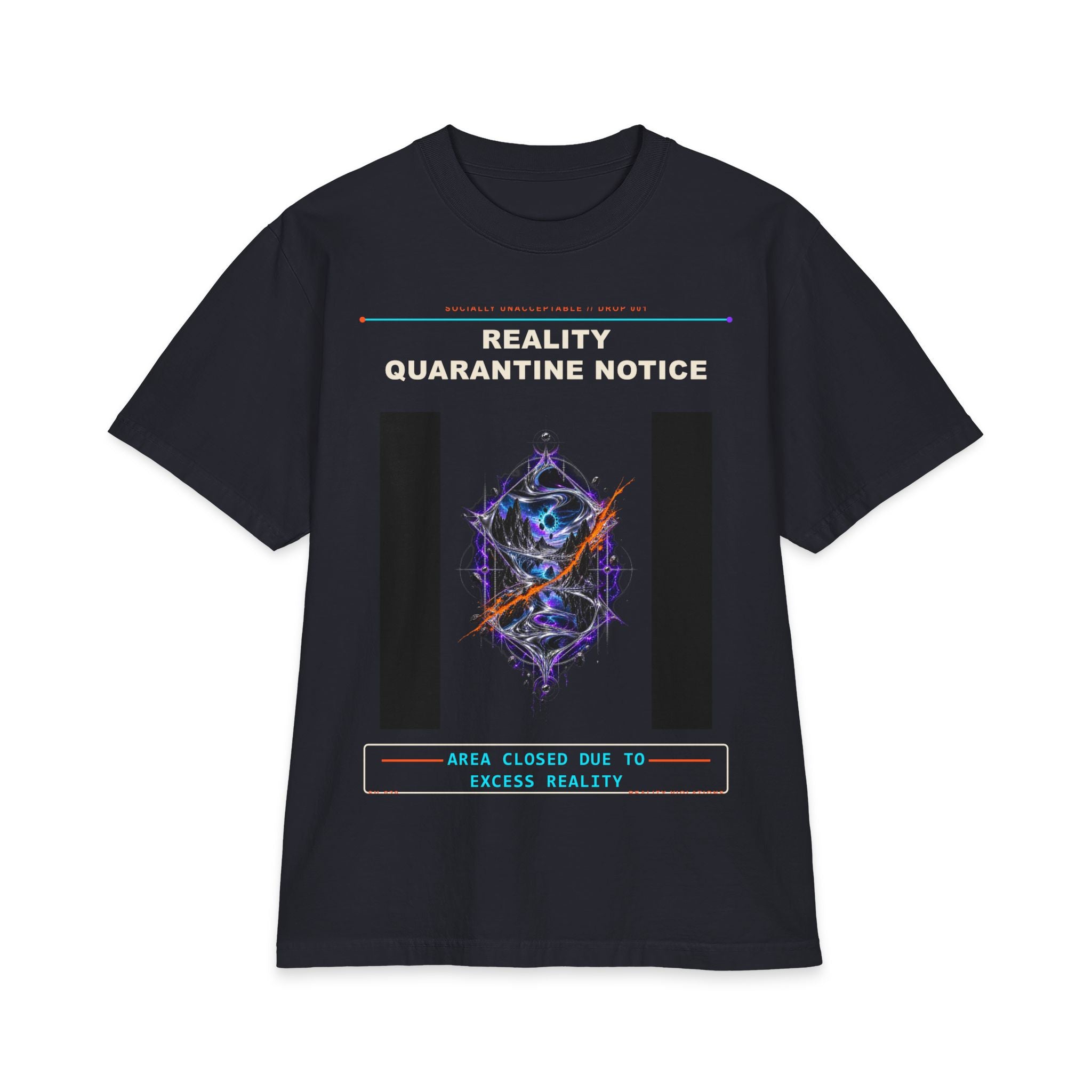 Reality Quarantine Notice graphic tee by KOSVYRE in Navy, front view