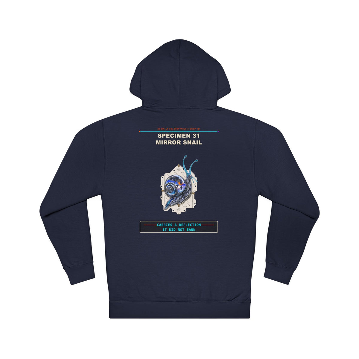 Specimen 31: Mirror Snail graphic hoodie by KOSVYRE in Classic Navy, back artwork view