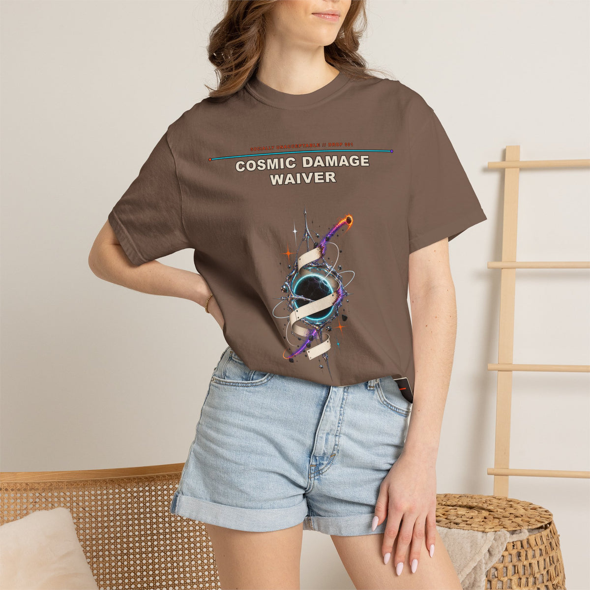 Cosmic Damage Waiver graphic tee by KOSVYRE in Espresso, other product view 2