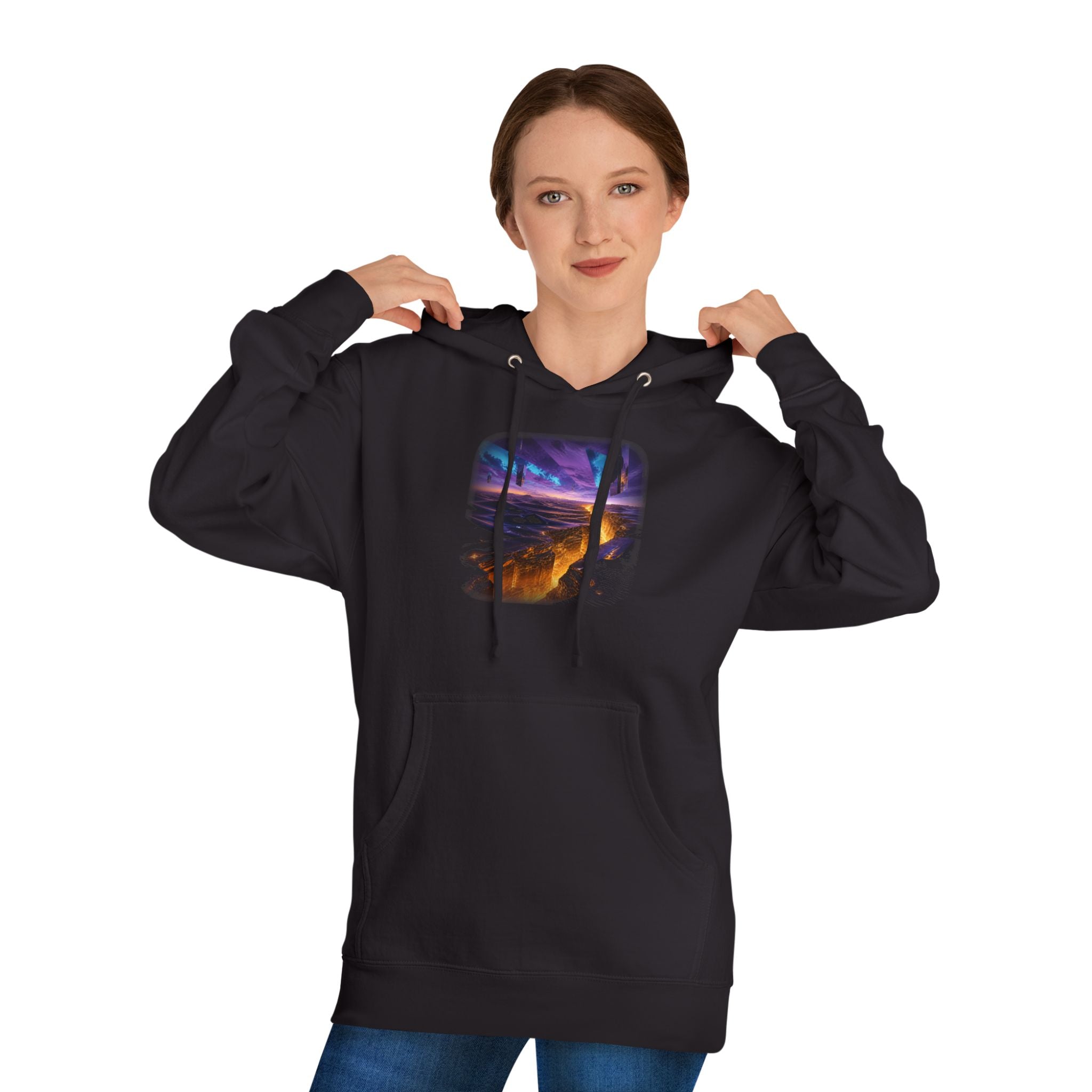 Amber Horizon Fault KOSVYRE hoodie product mockup, detail view