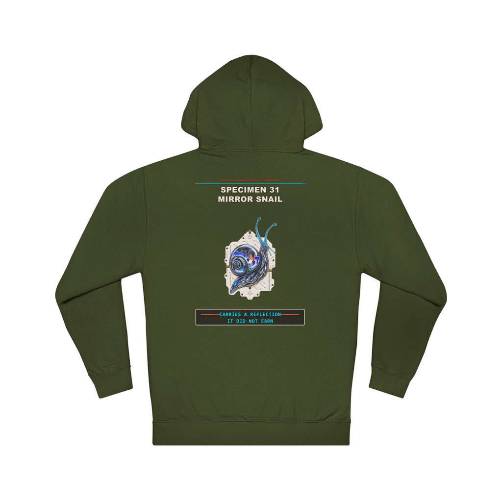 Specimen 31: Mirror Snail graphic hoodie by KOSVYRE in Army, back artwork view