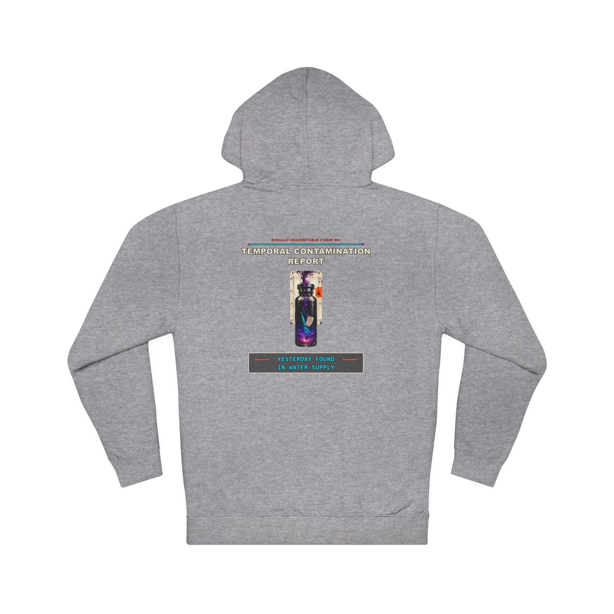 Temporal Contamination Report graphic hoodie by KOSVYRE in Gunmetal Heather, back artwork view