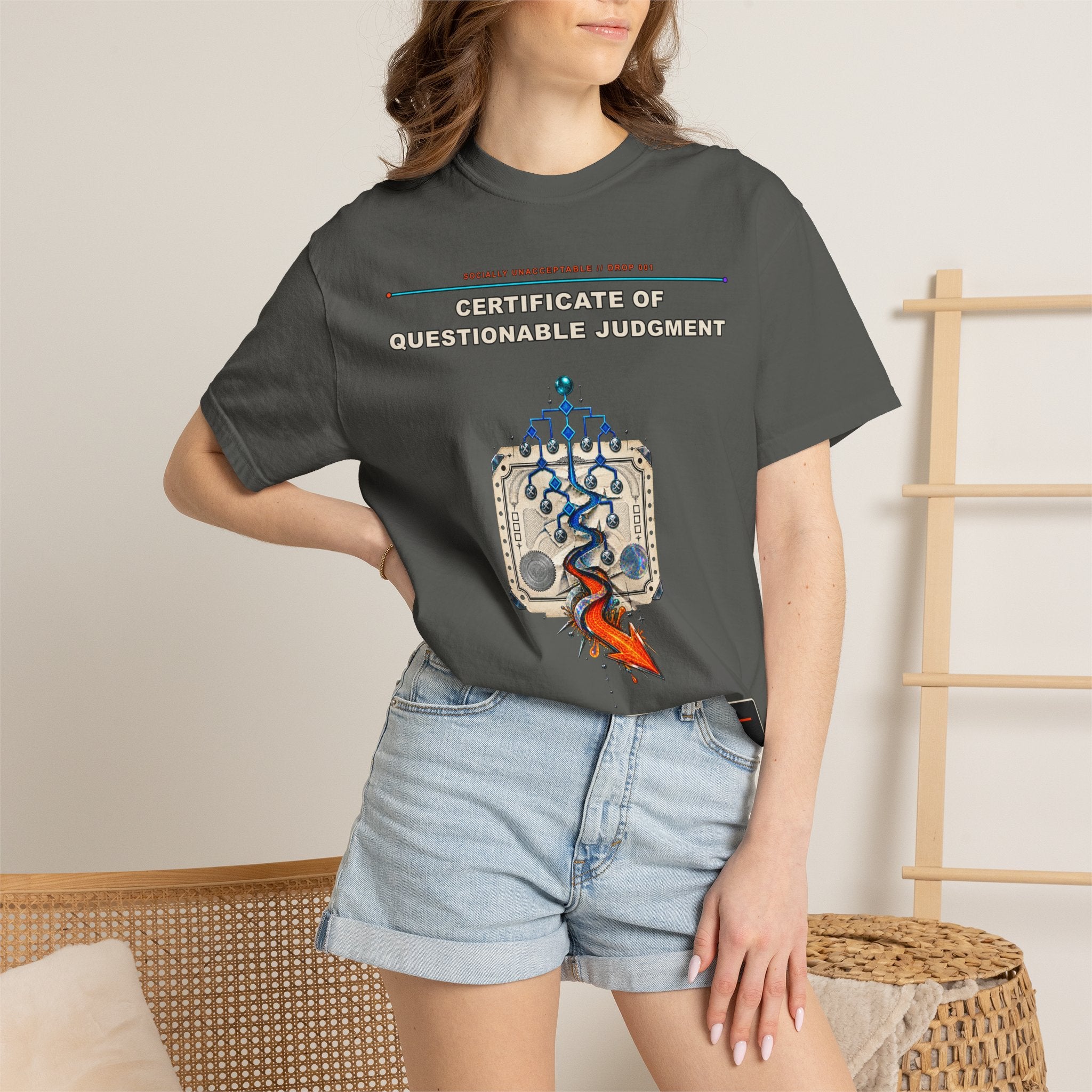 Certificate of Questionable Judgment graphic tee by KOSVYRE in Pepper, other product view 2