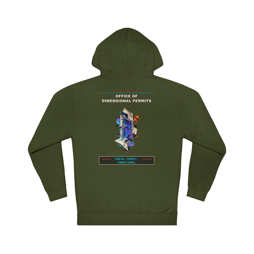 Office of Dimensional Permits graphic hoodie by KOSVYRE in Army, back artwork view
