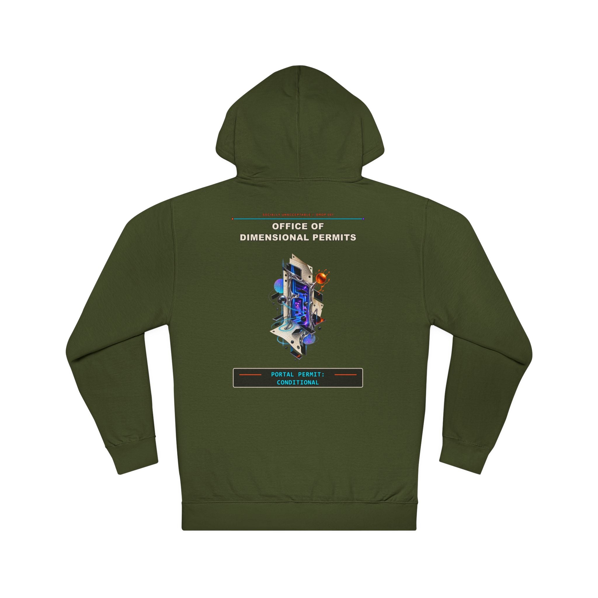 Office of Dimensional Permits graphic hoodie by KOSVYRE in Army, back artwork view