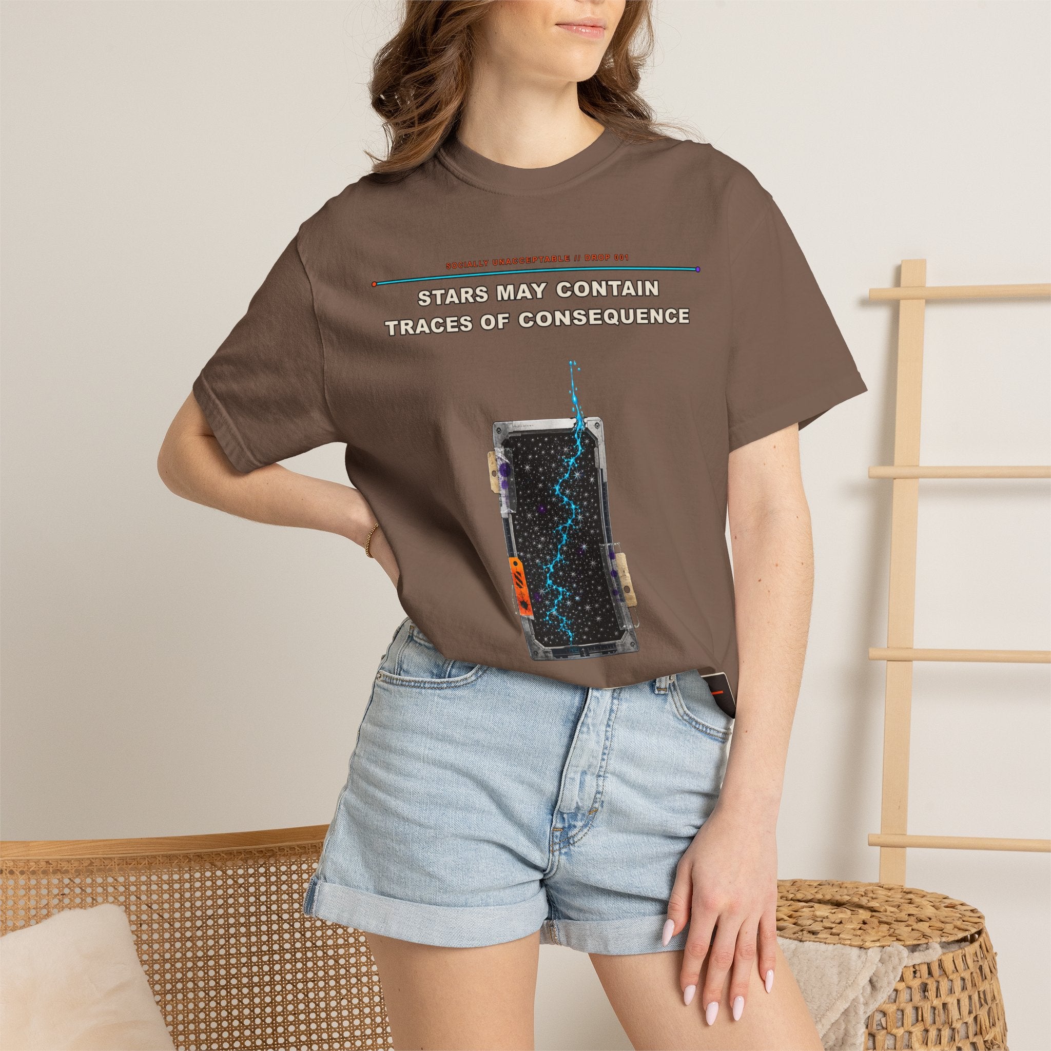 Stars May Contain Traces of Consequence graphic tee by KOSVYRE in Espresso, other product view 2