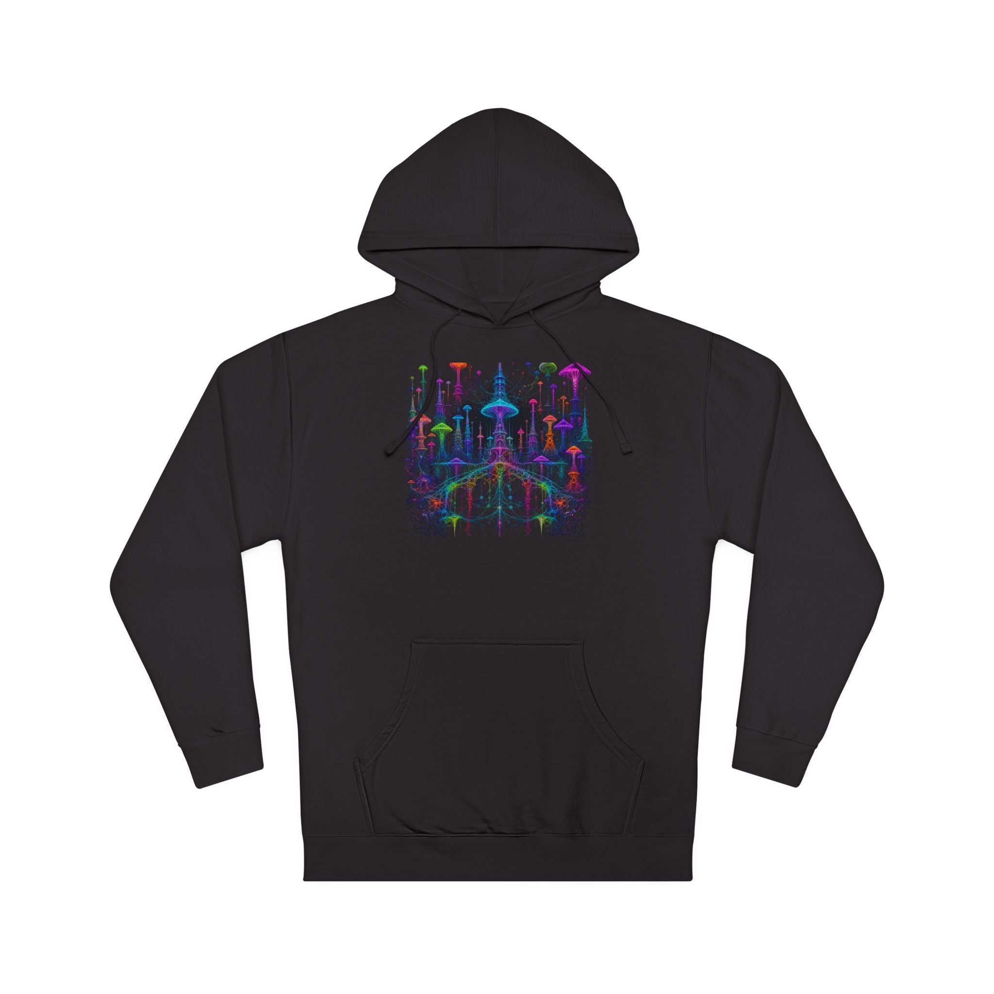 Neon Mycelial Parliament KOSVYRE hoodie product mockup, front view