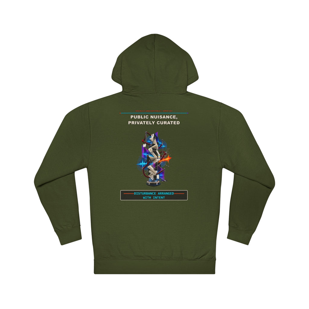 Public Nuisance, Privately Curated graphic hoodie by KOSVYRE in Army, back artwork view