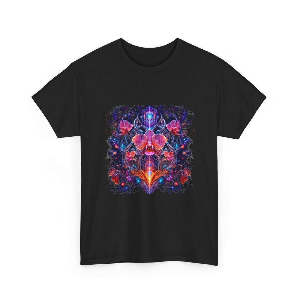 Orchid Signal Array KOSVYRE graphic tee product mockup, detail view