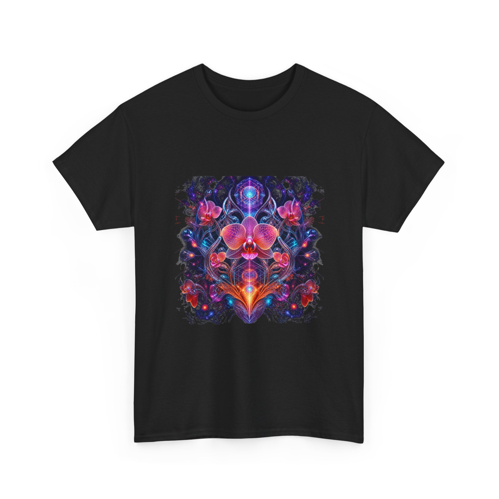 Orchid Signal Array KOSVYRE graphic tee product mockup, detail view