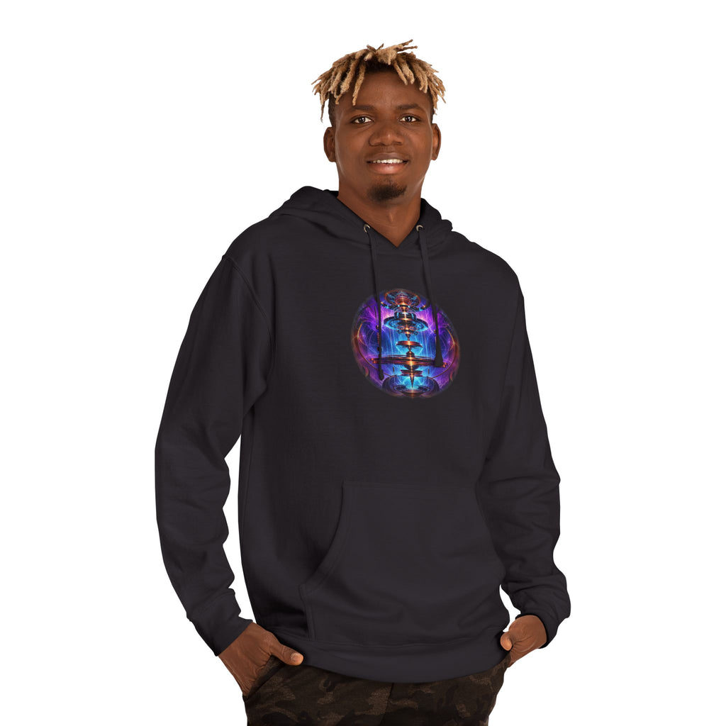 Magnetic Weather Engine original KOSVYRE design on a black hoodie, product gallery view 10