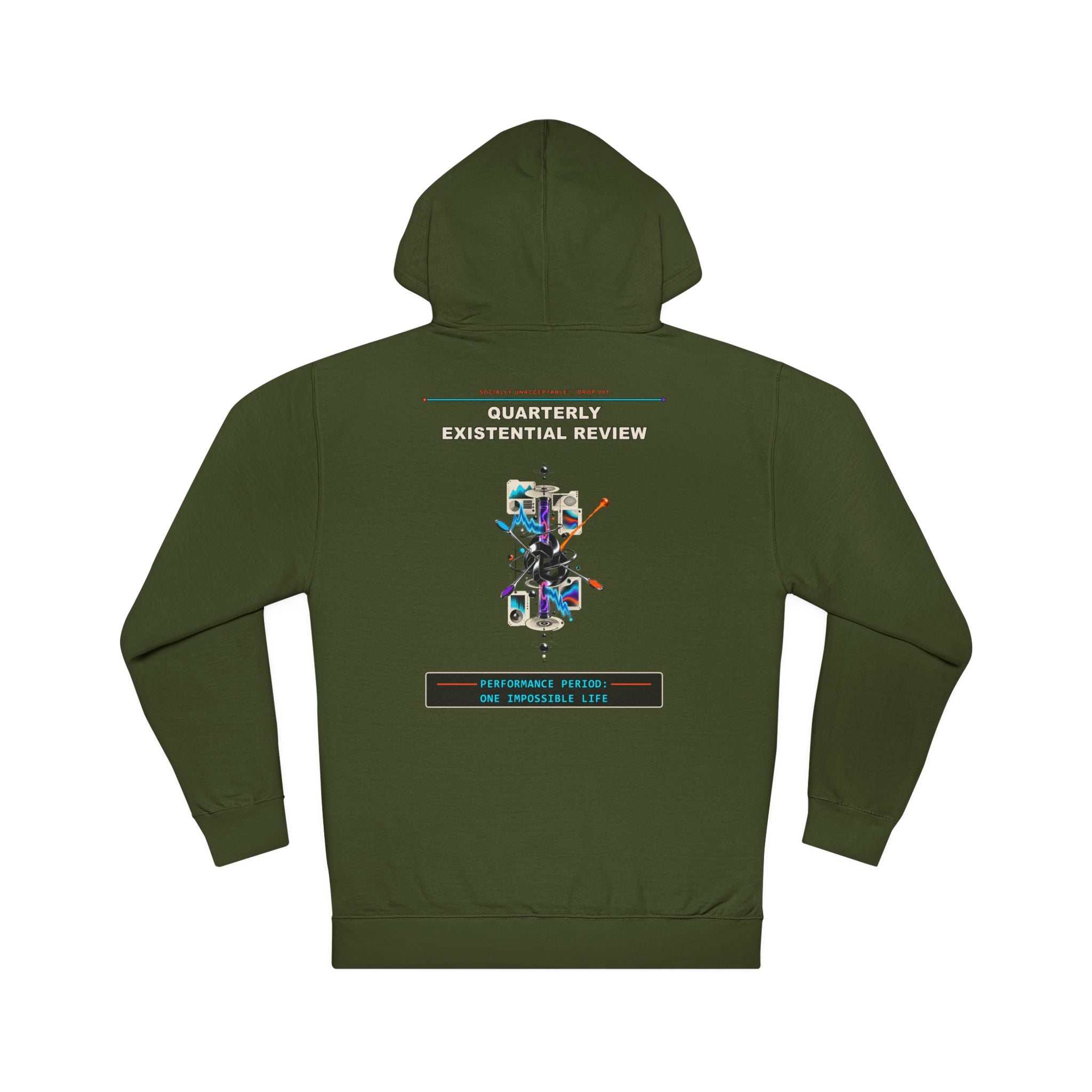 Quarterly Existential Review graphic hoodie by KOSVYRE in Army, back artwork view